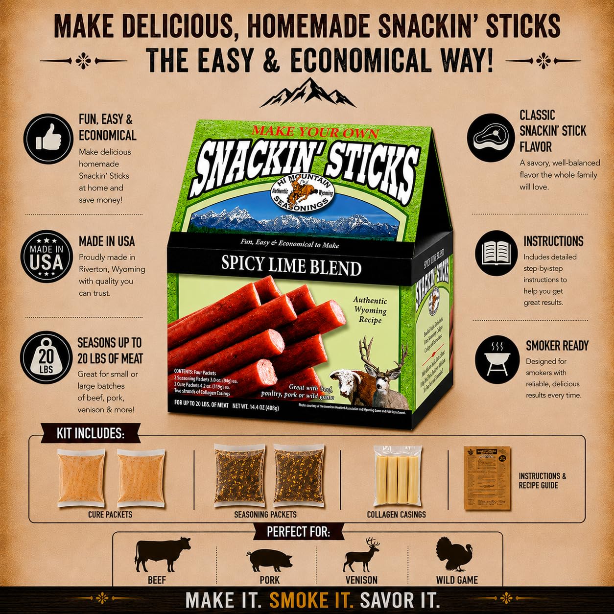 Hi Mountain Snack Stick Seasoning Kit | ORIGINAL | Makes 20 lbs | Complete Snack Stick Kit, Seasoning, Cure, Casings, & Directions Included, For Beef, Deer, Elk, Venison & Wild Game Meat