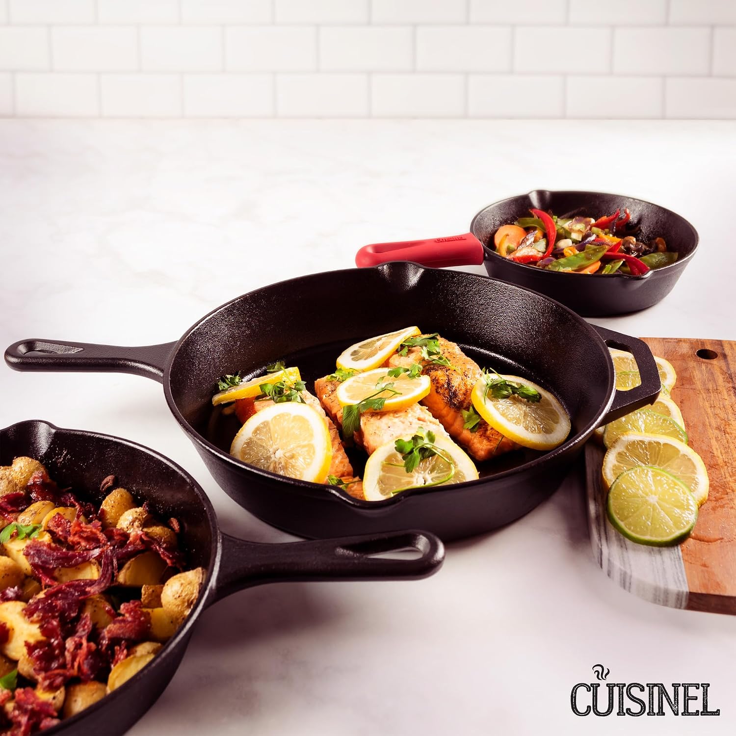 Cast Iron Skillet - 10"-Inch Frying Pan with Pour Spouts + Pan Scraper + Silicone Grip Handle Cover Holder - Pre-Seasoned Oven Cookware - Indoor/Outdoor Use - Stovetop, Induction. PFAS and PFOA-free