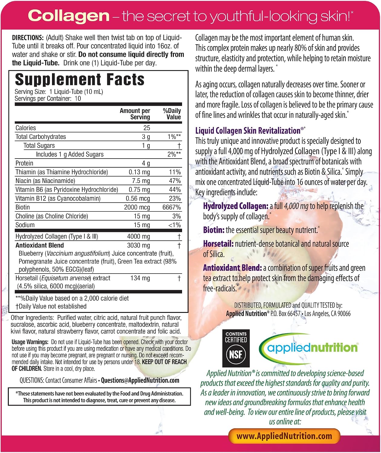 Applied Nutrition Liquid Collagen Skin Revitalization - 10 Liquid Tubes - Collagen, Biotin & Silica - Tropical Strawberry & Kiwi Flavor - 10 Servings