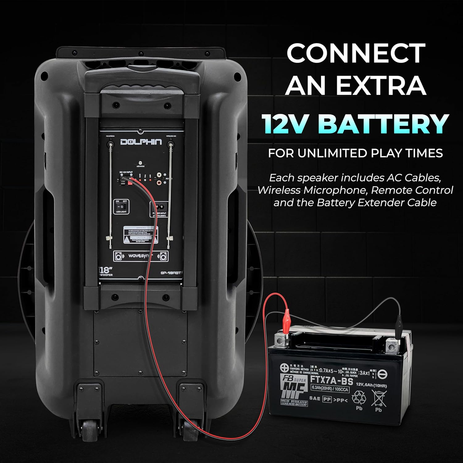 Dolphin Bluetooth Party Speaker with Wireless Microphone, 18" Woofer | 4500W Output, LED Lights, USB, SD, AUX & Guitar Inputs, 12V Input