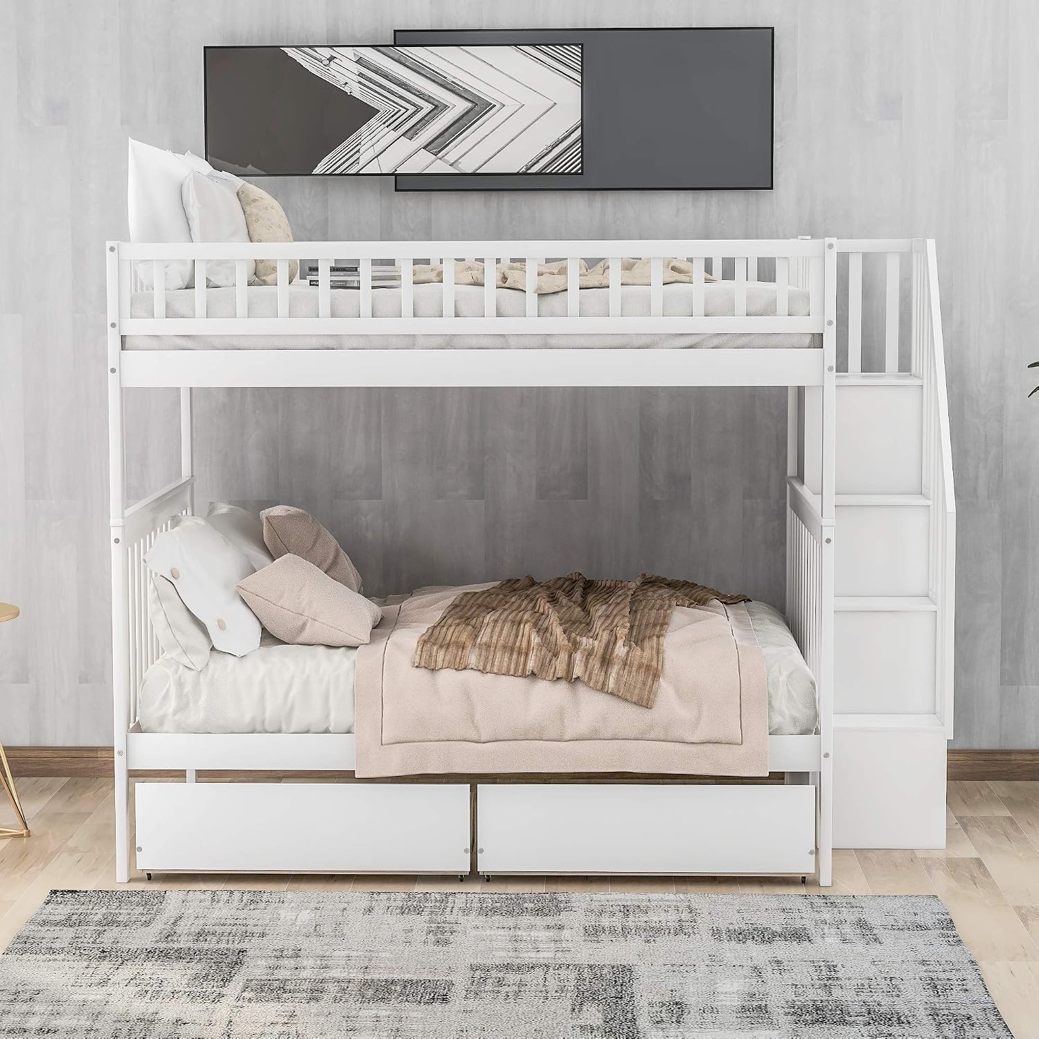 Bellemave Full Over Full Bunk Beds with Stairs Stairway Bunk Bed Frame with Storage Shelves for Teens Adult, Detachable Wood Full Bunk Bed, Gray