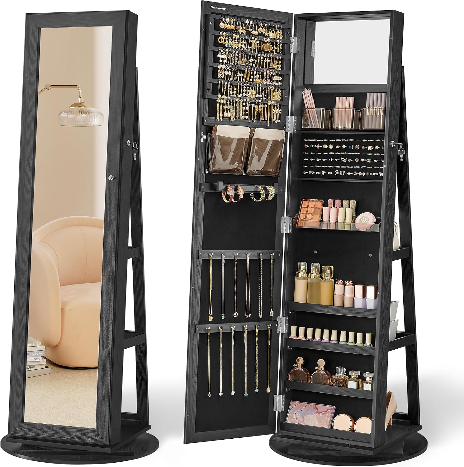 SONGMICS 360° Swivel Jewelry Cabinet, Full-Length Mirror, Lockable