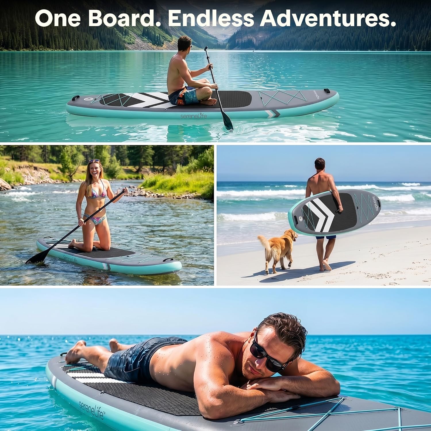 SereneLife 10’ Inflatable Stand Up Paddle Board with Premium SUP Accessories - Wide Stable Design with Non-Slip EVA Deck Pad, for Youth and Adults, 350 lbs. Capacity