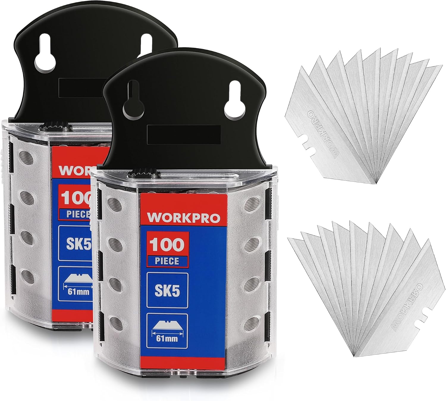 WORKPRO Utility Knife Blades, 100-Pack SK5 Steel Blades with Dispenser | Premium Steel Standard Blades for Box Cutter, Ideal for Cardboard, Leather, Carpet, Rope, Soft Metal, Pipe, etc