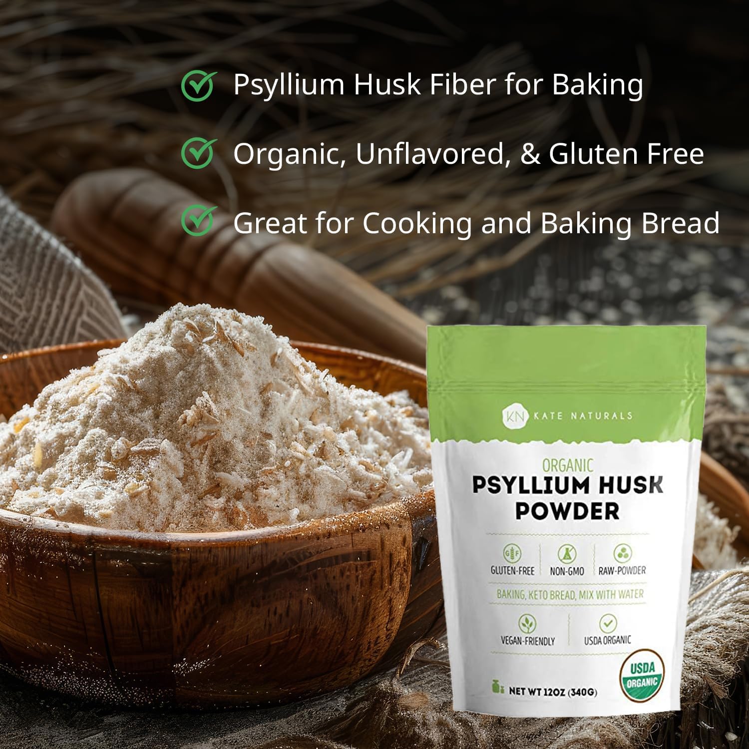 Kate Naturals Psyllium Husk Powder for Fiber and Baking Bread, 12oz | Organic, Gluten Free, Fine Ground, For Digestion, Mixes Easily with Juice & Smoothies