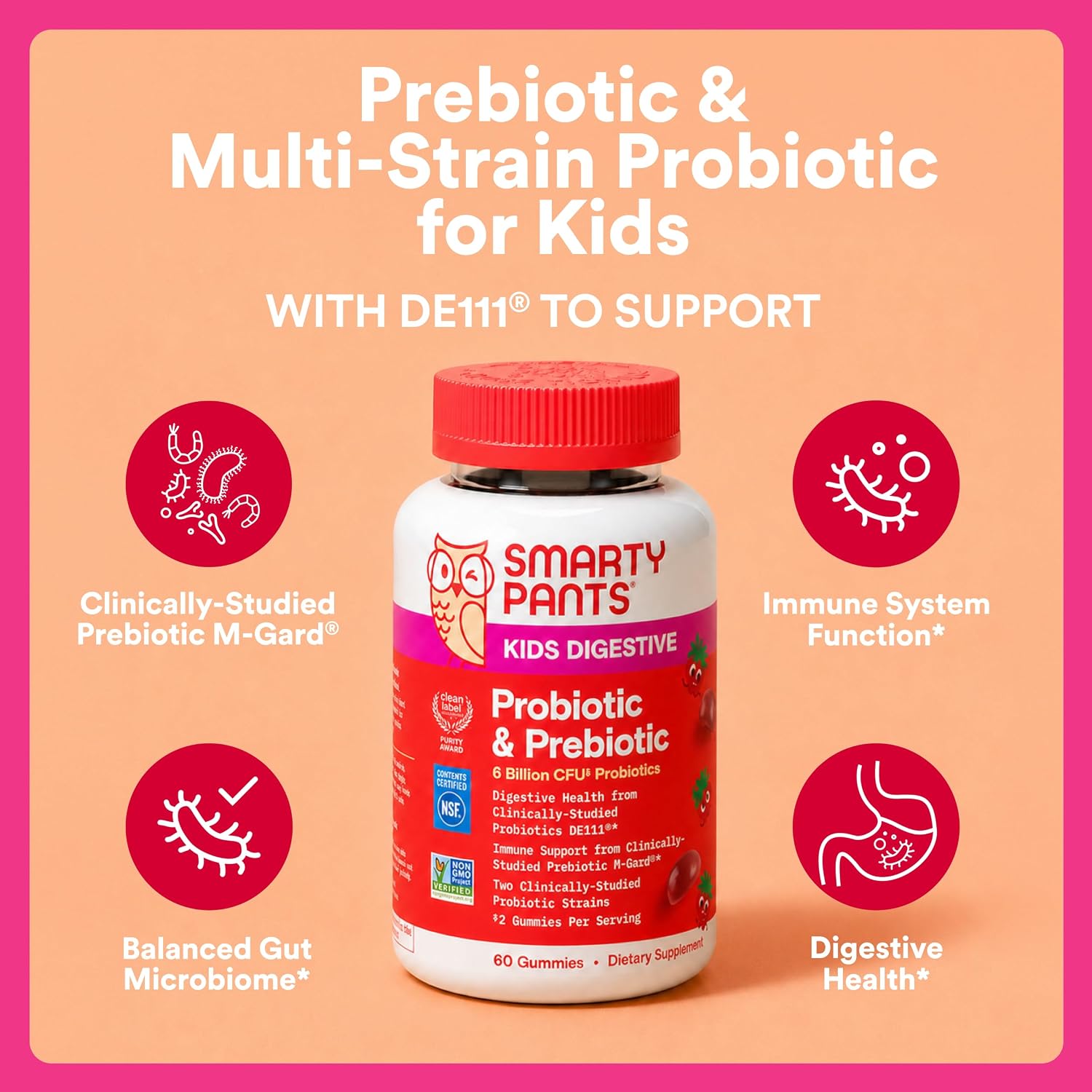 SmartyPants Kids Probiotic & Prebiotic Gummies for Digestive Health: Gut Health Supplement, Clinically Studied Prebiotic for Immune Support, Strawberry, 60 Count (30 Day Supply)