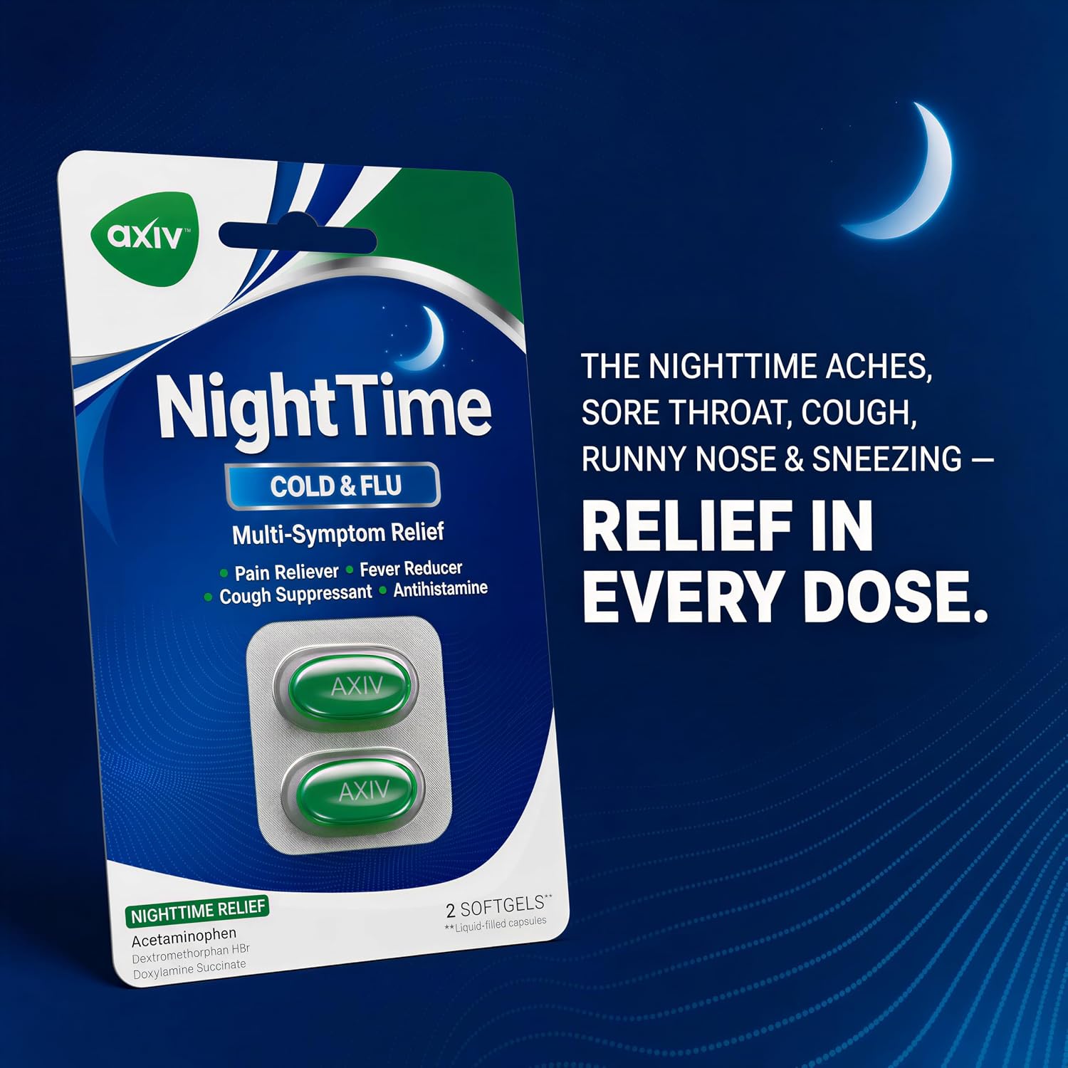 AXIV Nighttime Cold & Flu Relief Softgels, Multi-Symptom Nighttime Relief for Headache, Fever, Sore Throat, Minor Aches and Pains, Sneezing, Runny Nose, and Cough 24 Count