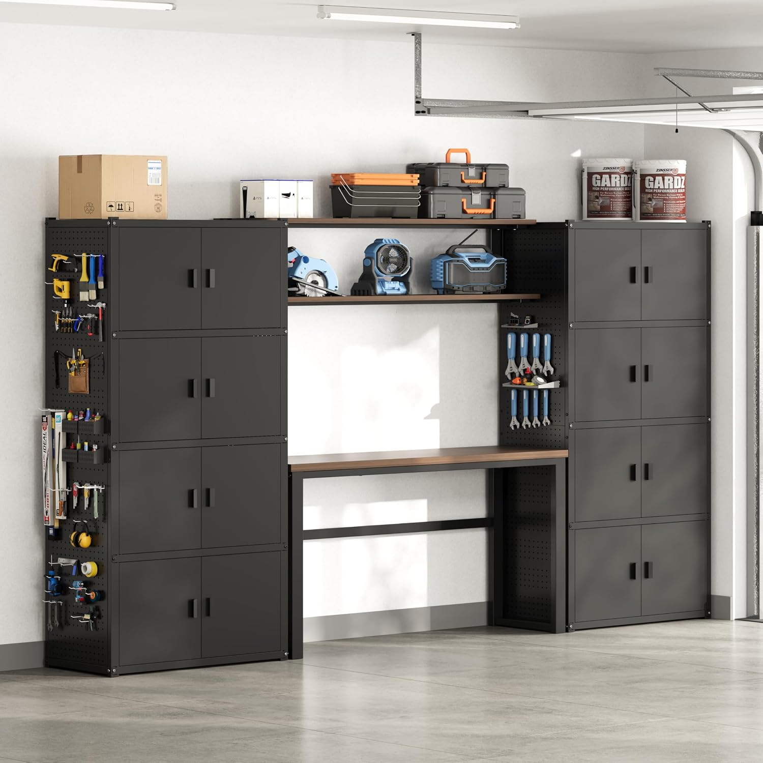 FLEXIMOUNTS 117"W Modular Garage Storage Cabinet with Workbench, Black | 6 Doors, 3700lbs capacity, Metal board shelf includes pegboard, 3-in-1 metal tool cabinet, 24-gauge steel, FLEXIMOD Series