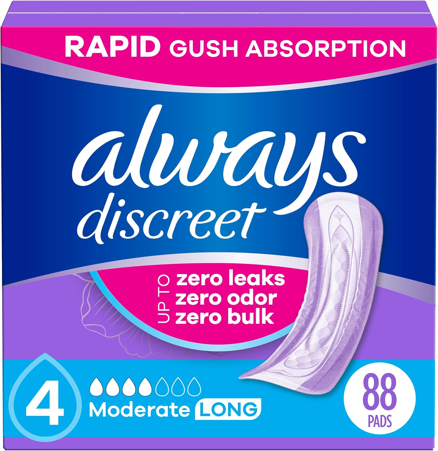 Always Discreet Adult Incontinence Pads for Women, Drier, 4 Drop Long Length, Moderate Absorbency, Pads for Bladder Control Management, Bladder Leaks, & Postpartum Pads, 54ct