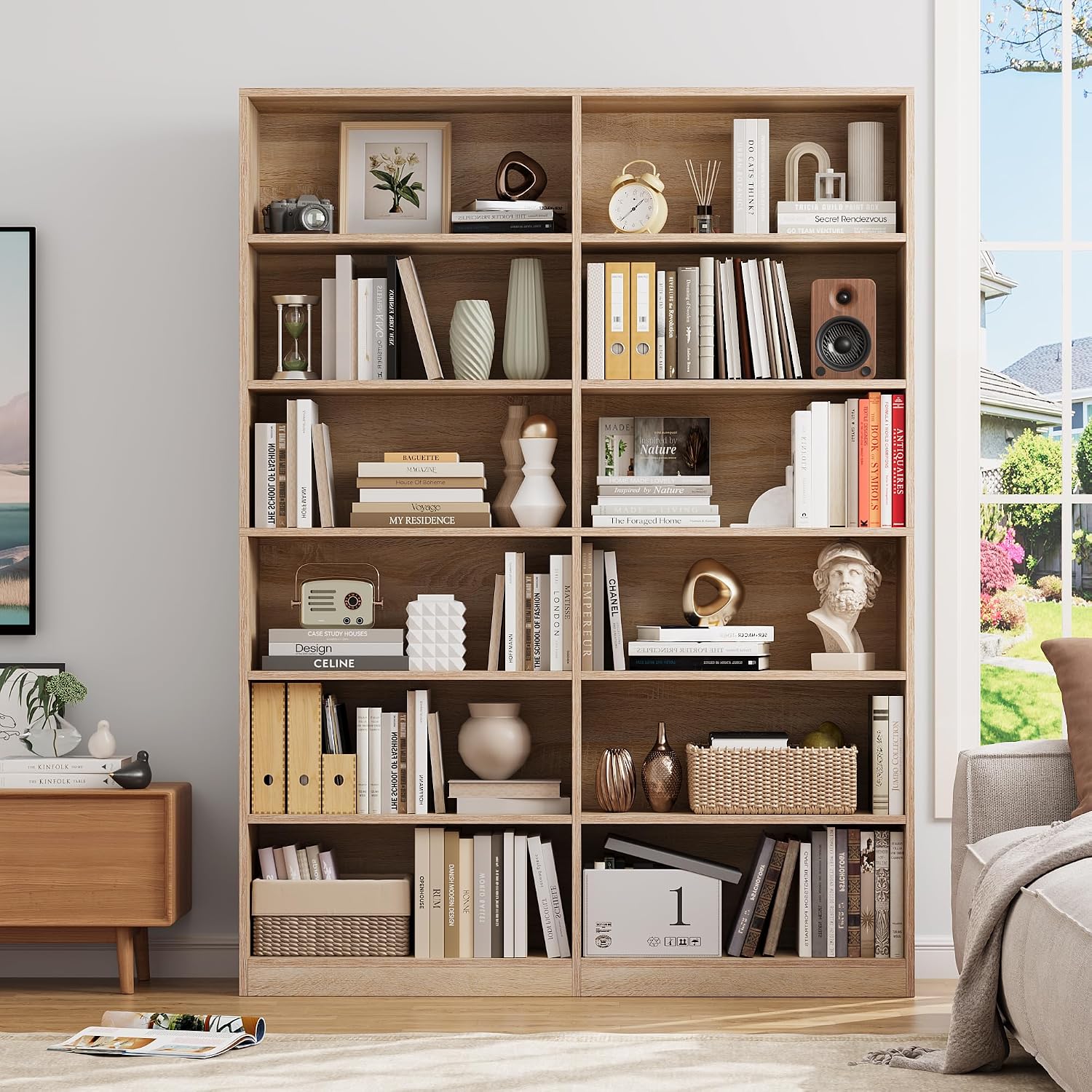 Bookshelf Tall Bookcase, 6-Tier Double Wide Bookshelves, White | Freestanding Display Storage Shelves, Tall and Large Book Shelves for Home Decor Bedroom, Living Room, Home Office, Library