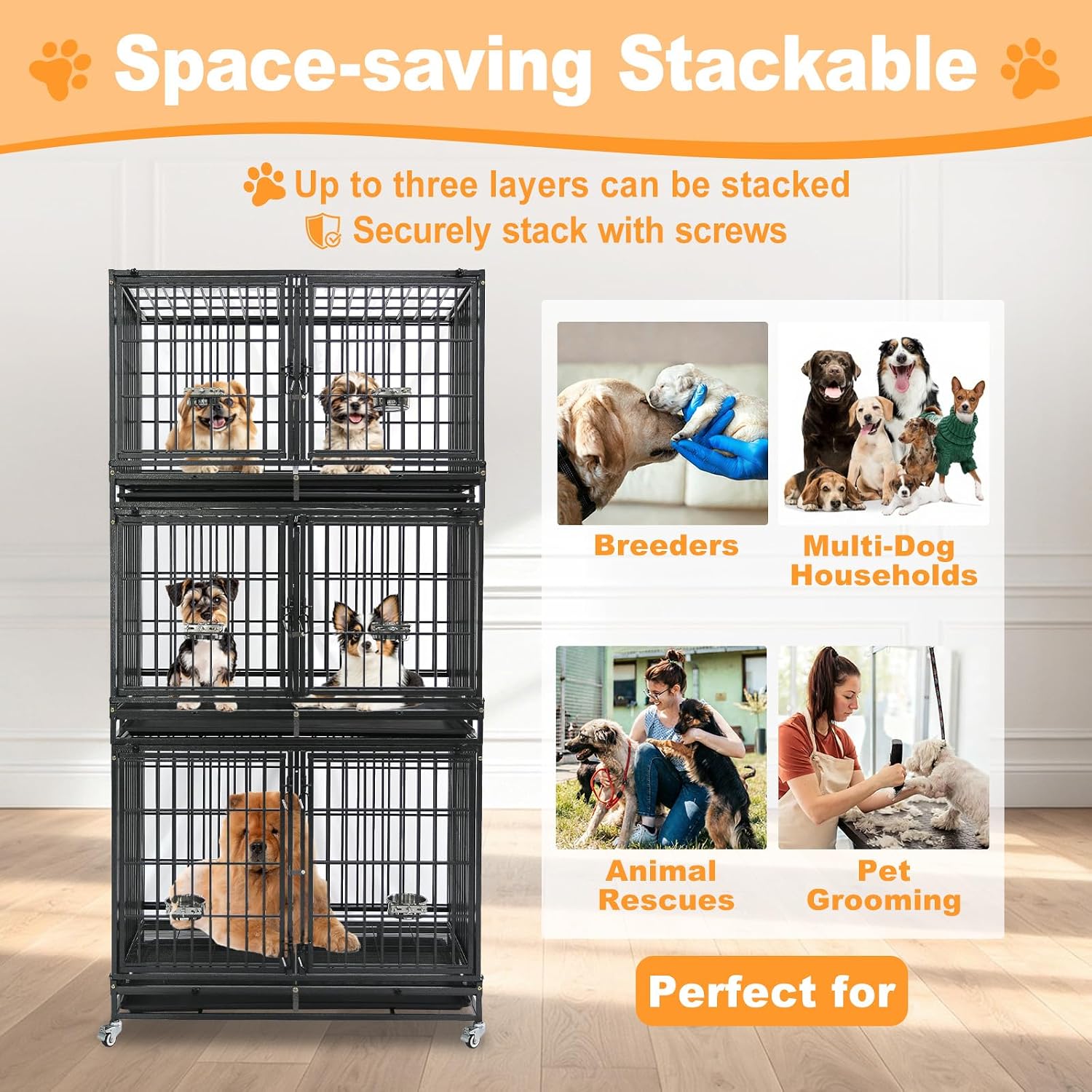 Homey Pet Taller 43" Heavy Duty Double Dog Crates with Divider & Dual Door | Drop Cage for Dogs with Lockable Wheels, Bowls, Removable Tray, Top Access, Ideal for Small to Medium & Large Dogs, Breeders
