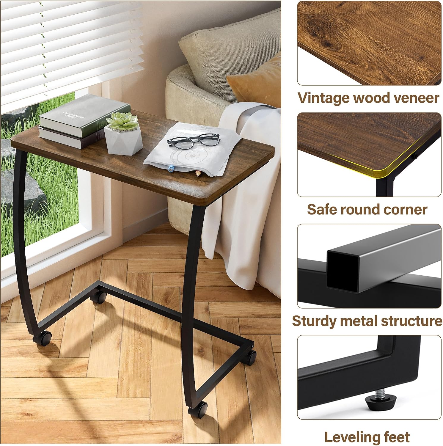 SRIWATANA Walnut C Shaped Side Table, Vintage End Table for Sofa Couch Bed