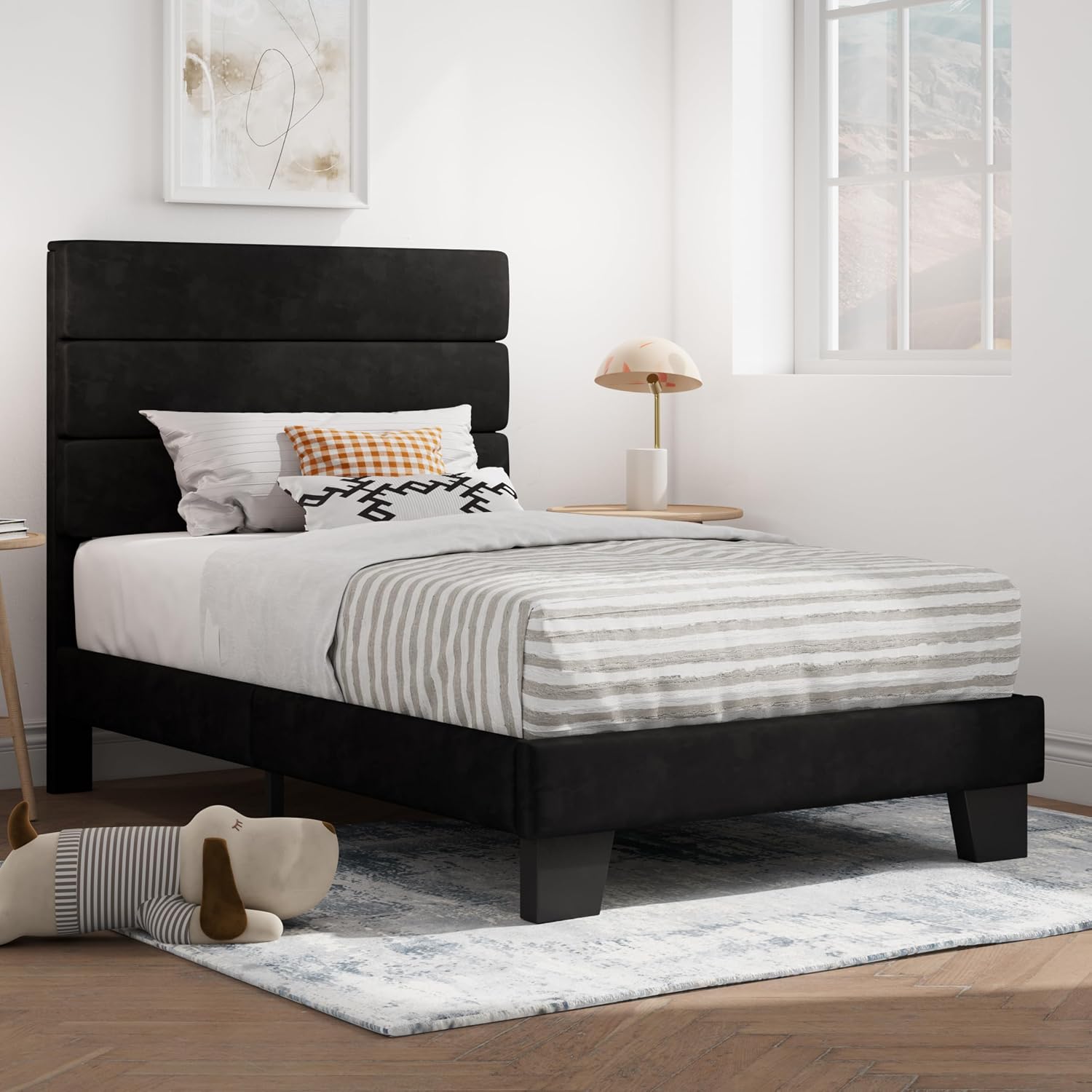 SHA CERLIN Full Platform Bed Frame with Upholstered Fabric Headboard, Grey