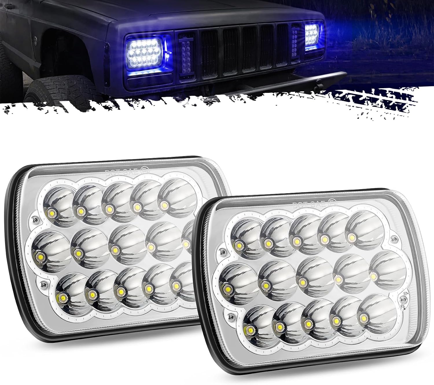 Partsam 2PCS Rectangle H6054 LED Headlights 5x7 7x6 Headlamp Hi/Low Sealed Beam H4 9003 Plug 6054 H5054 Compatible with S10 Blazer Express Van/Wrangler YJ XJ Cherokee Truck Van