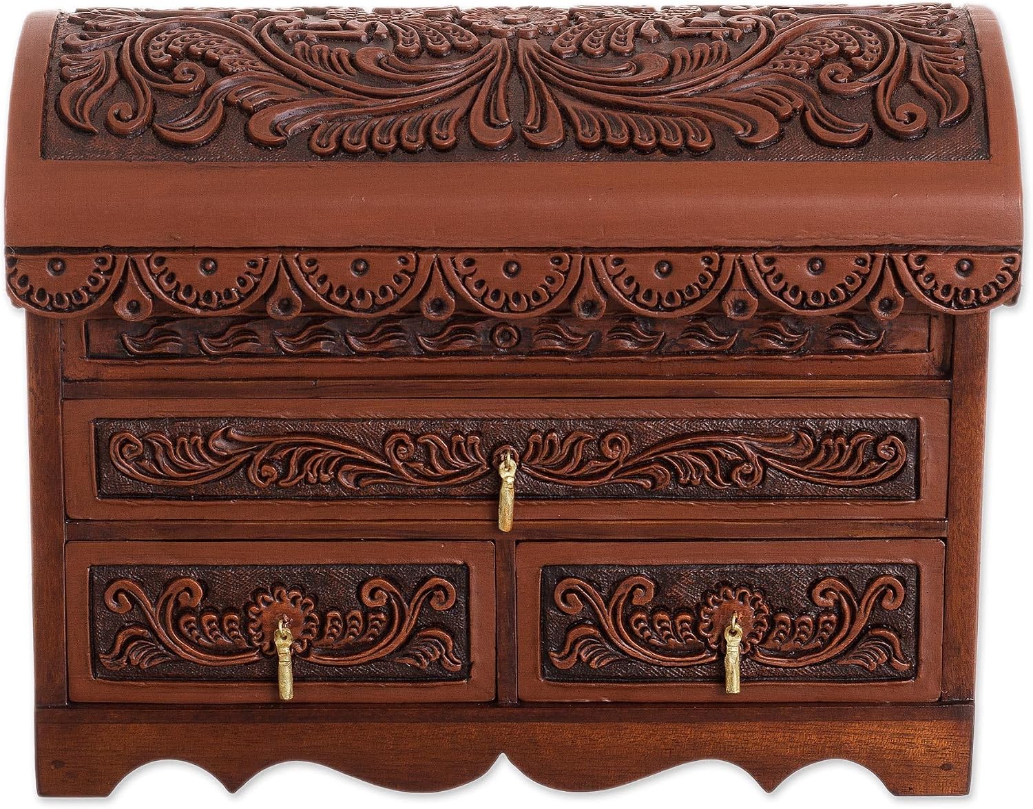 NOVICA Artisan Handmade Leather Cedar Wood Jewelry Chest Bird Pattern from Peru Brown Boxes Colonial Floral Animal Themed [8.25in H x 11.5in W x 6in