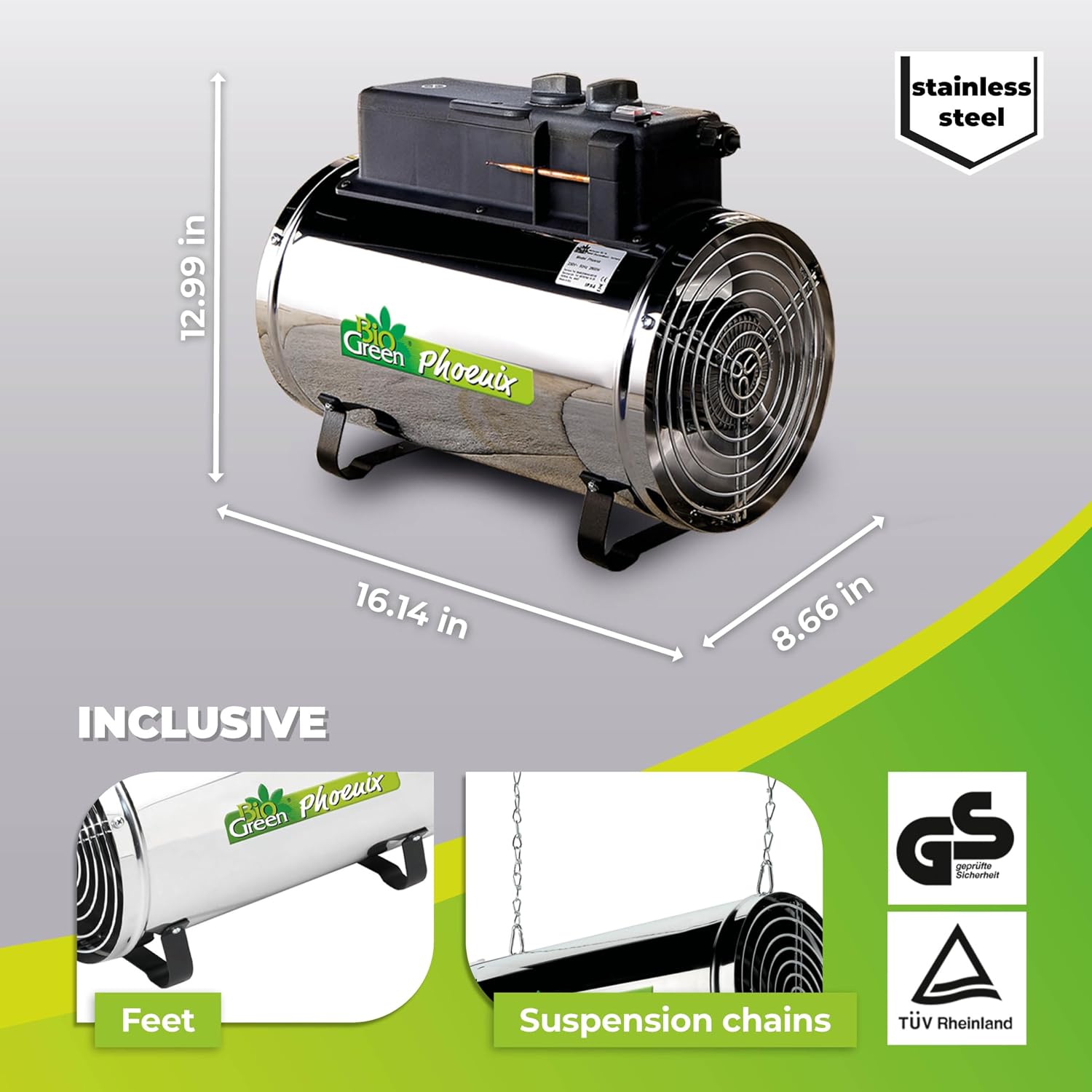 Bio Green PHX 2.8/US Phoenix Greenhouse Heater – 220-240V - 9553 BTU Stainless Steel – Electric Heating and Cooling System for Greenhouse, Shed