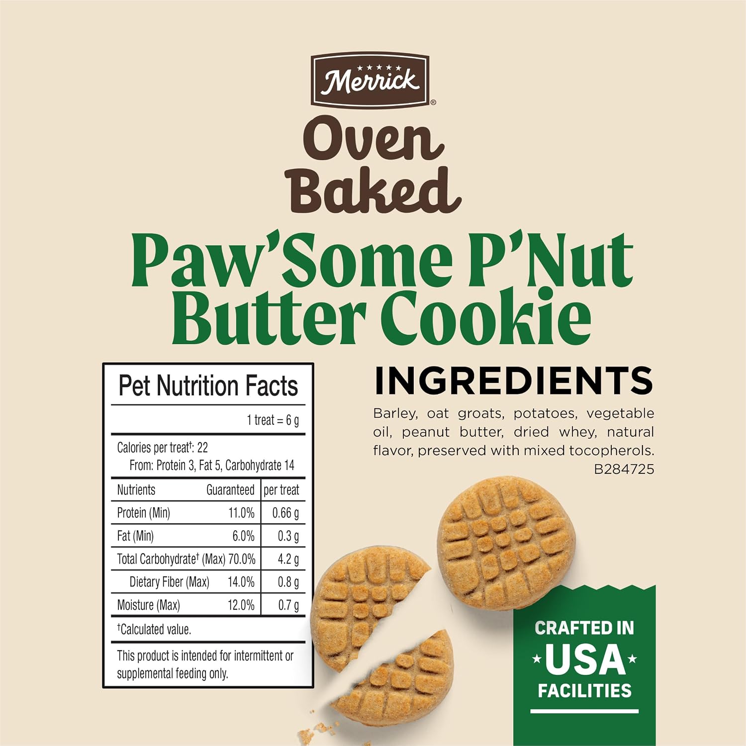 Merrick Oven Baked Dog Treats, Natural Cookies for Dogs, Paw’Some P’nut Butter Cookie with Real Peanut Butter