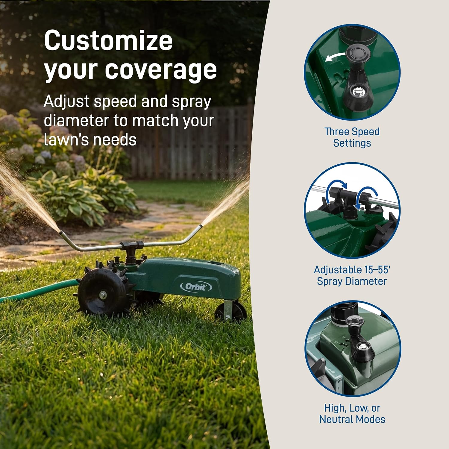 Orbit Traveling Tractor Water Sprinkler - Self-Propelled Traveling Sprinkler for Wide Lawn Coverage - Cast-Iron Body with Adjustable Coverage