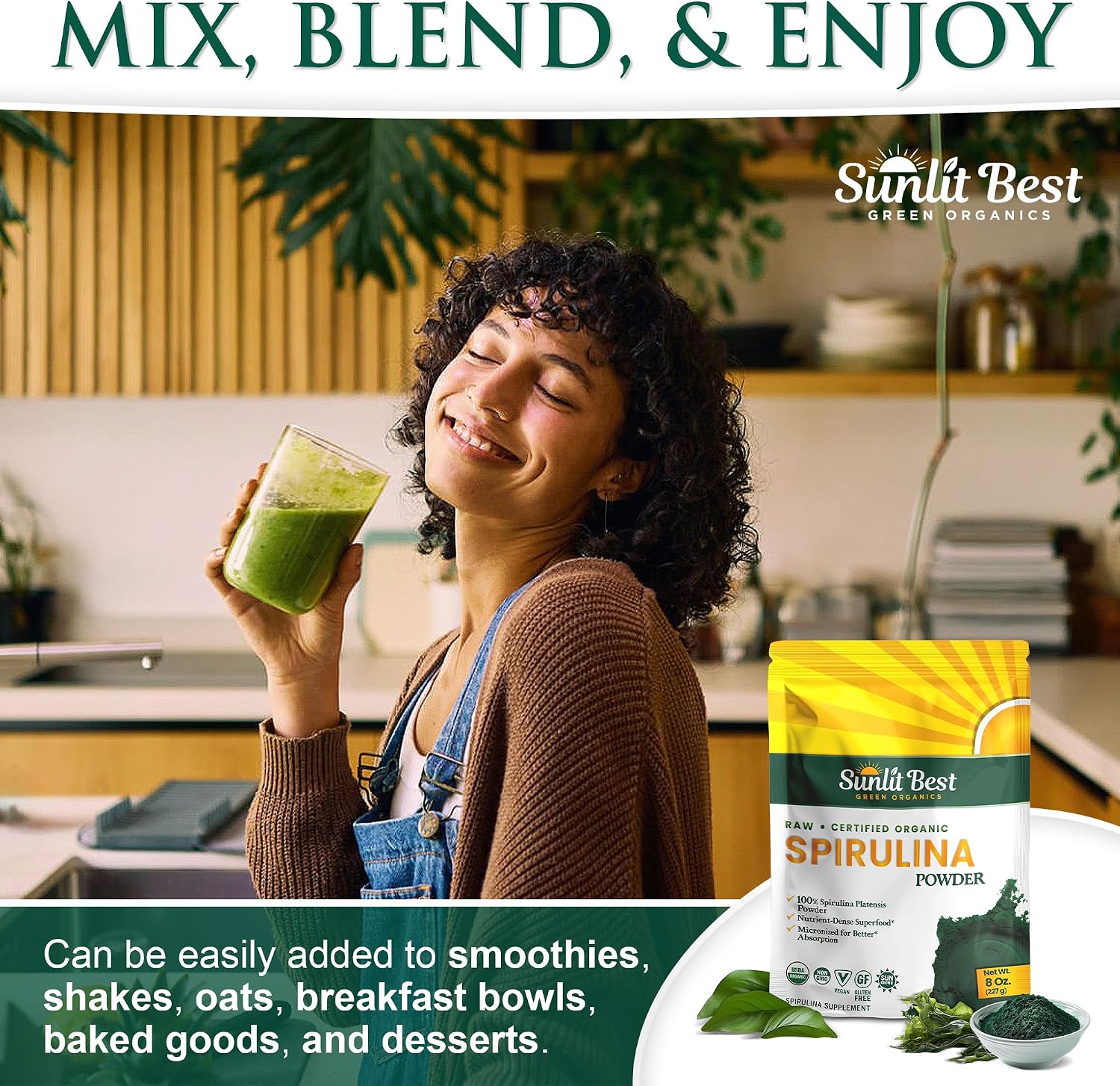 Sunlit Best Organic Spirulina Tablets, Pure Natural Superfood Pills 1000 CT | USDA Certified, 60% Vegan Protein, 18 Amino Acids, Chlorophyll Antioxidants Enzymes, Non GMO, Immune Liver & Energy Support
