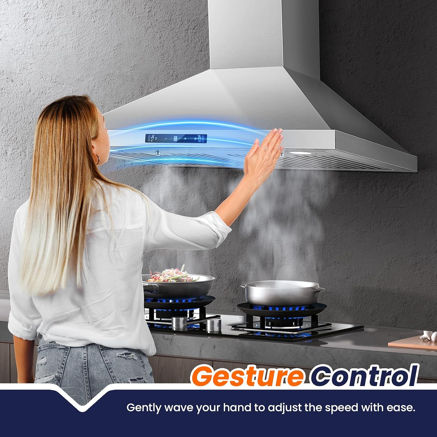 Tieasy Wall Mount Range Hood 30 inch Kitchen Hood 700 CFM with Ducted/Ductless Convertible Duct, Touch Control, Permanent Filters, Stainless Steel