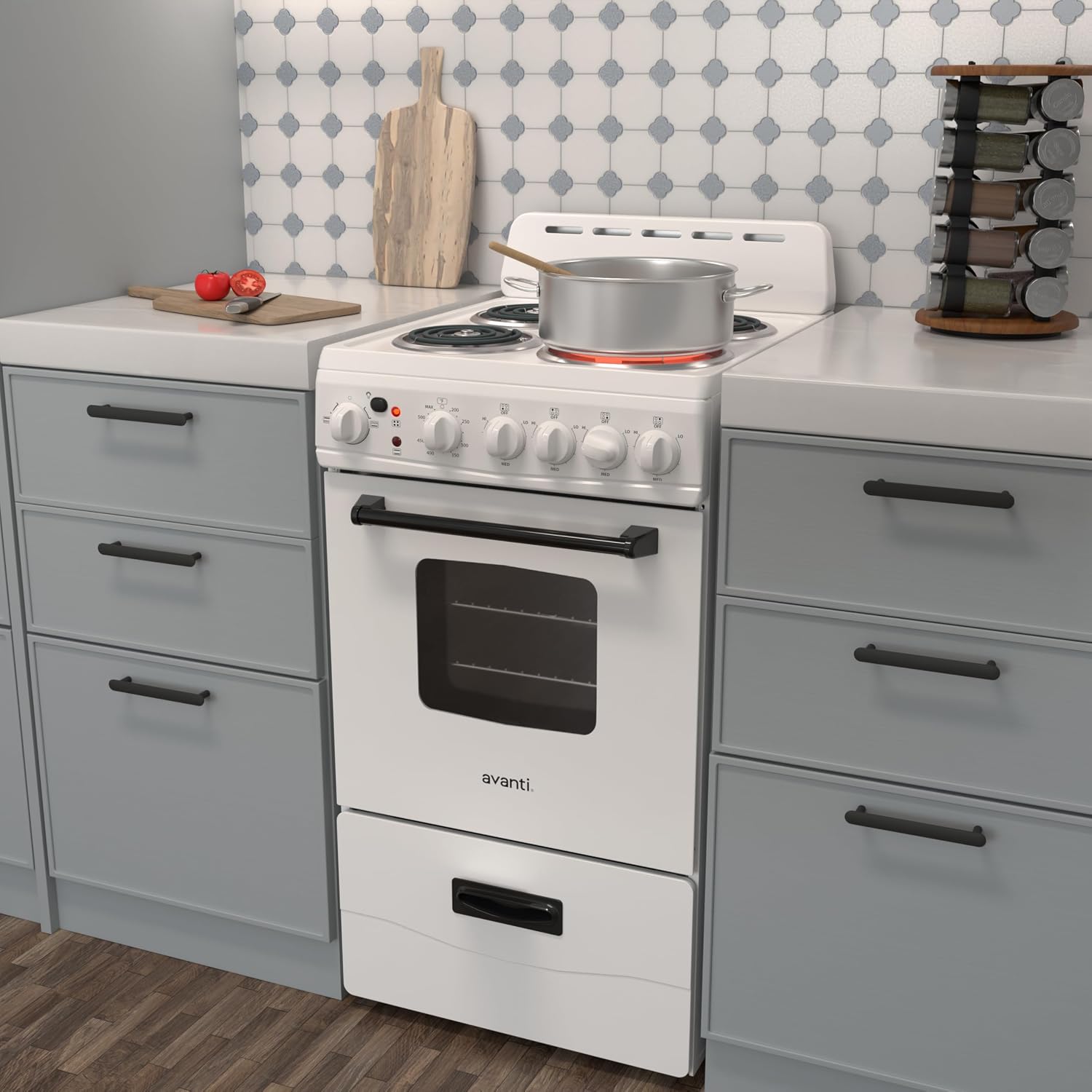 Avanti Electric Range Oven Compact Design, 2.1-Cu.Ft. Capacity with 4 Coil Burners, Framed Glass Oven Door, Storage Drawer and Broiler with Pan, 20-Inch, White