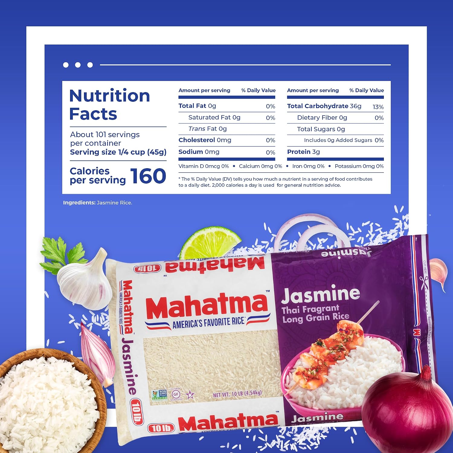 Mahatma Jasmine Rice, Fragrant Thai Rice, 5-Pound Bag | Aromatic rice for stovetop or microwave, quick and easy to cook, gluten-free, vegan, kosher, non-GMO, bulk bag