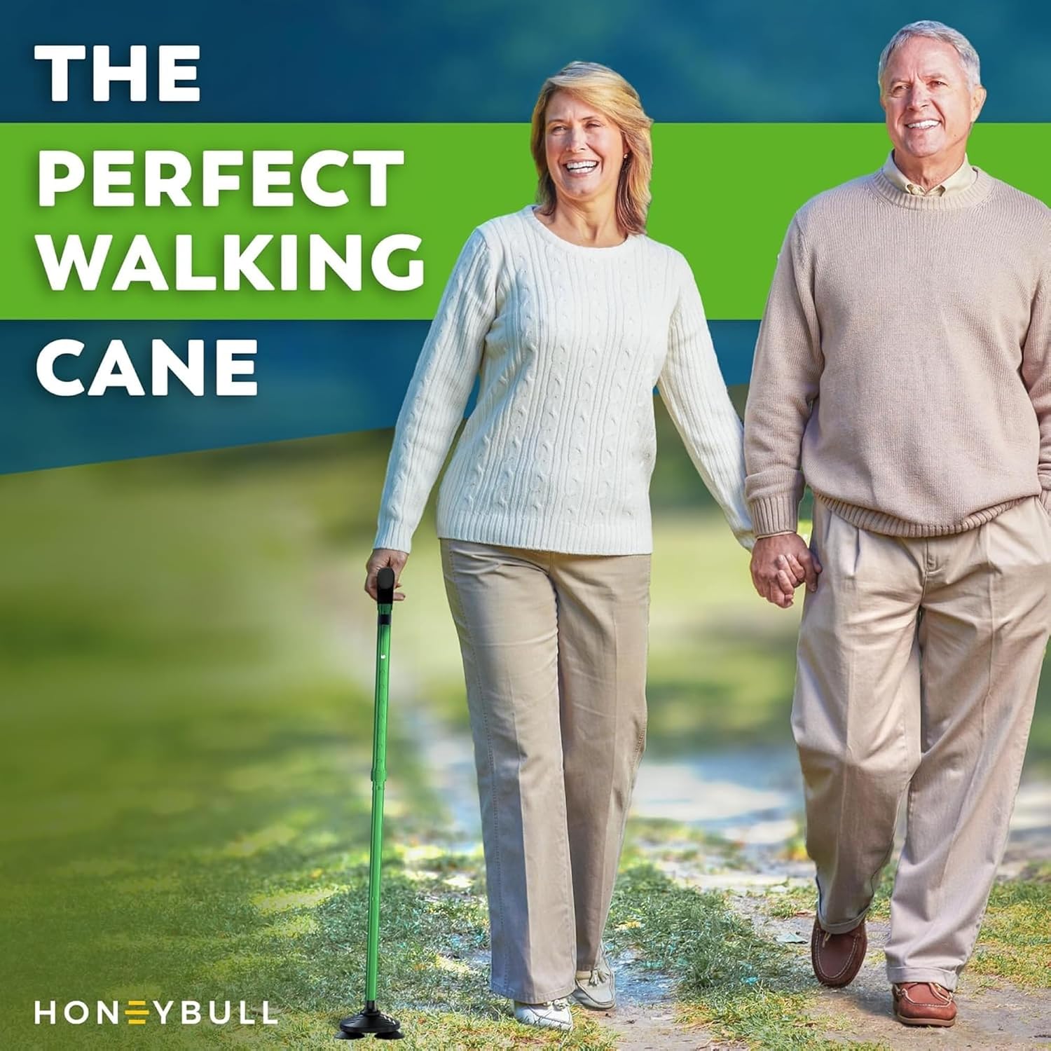 HONEYBULL Walking Cane for Men & Women, Foldable Free Standing Cane | Adjustable height, collapsible design, heavy-duty, pivot base for stable support, ergonomic handle