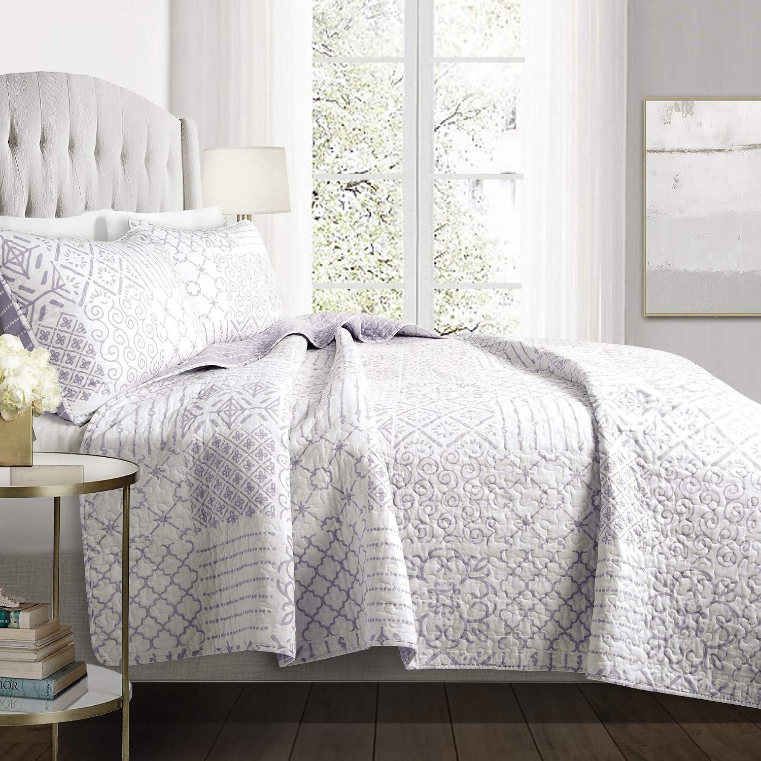 Lush Decor Monique 3 Piece Reversible Print Pattern Blue Quilt Set - Full Queen