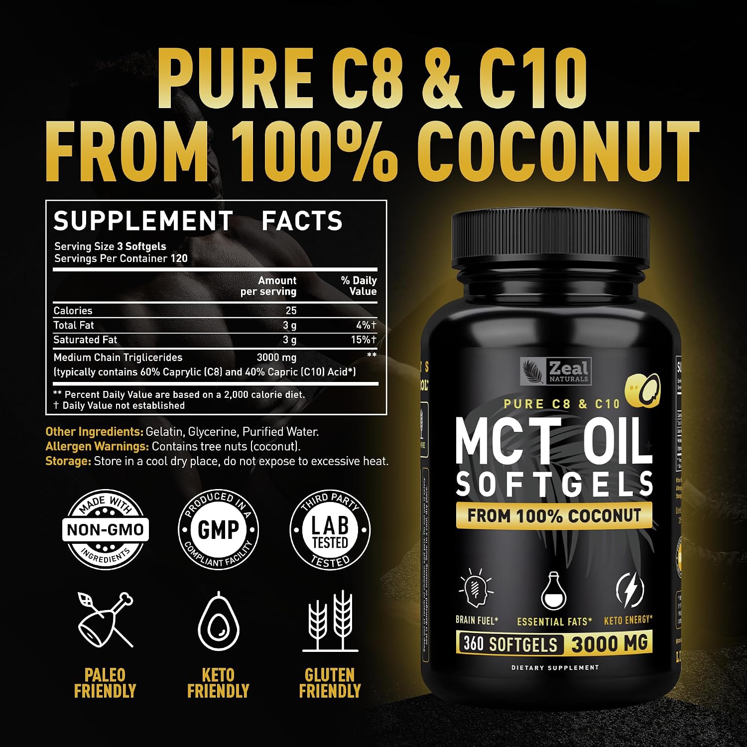 Pure MCT Oil Capsules (360 Softgels | 3000mg) 4 Month Supply Keto Pills w Unrefined Coconut - C10 & C8 Brain Fuel, Energy, Octane Ketosis