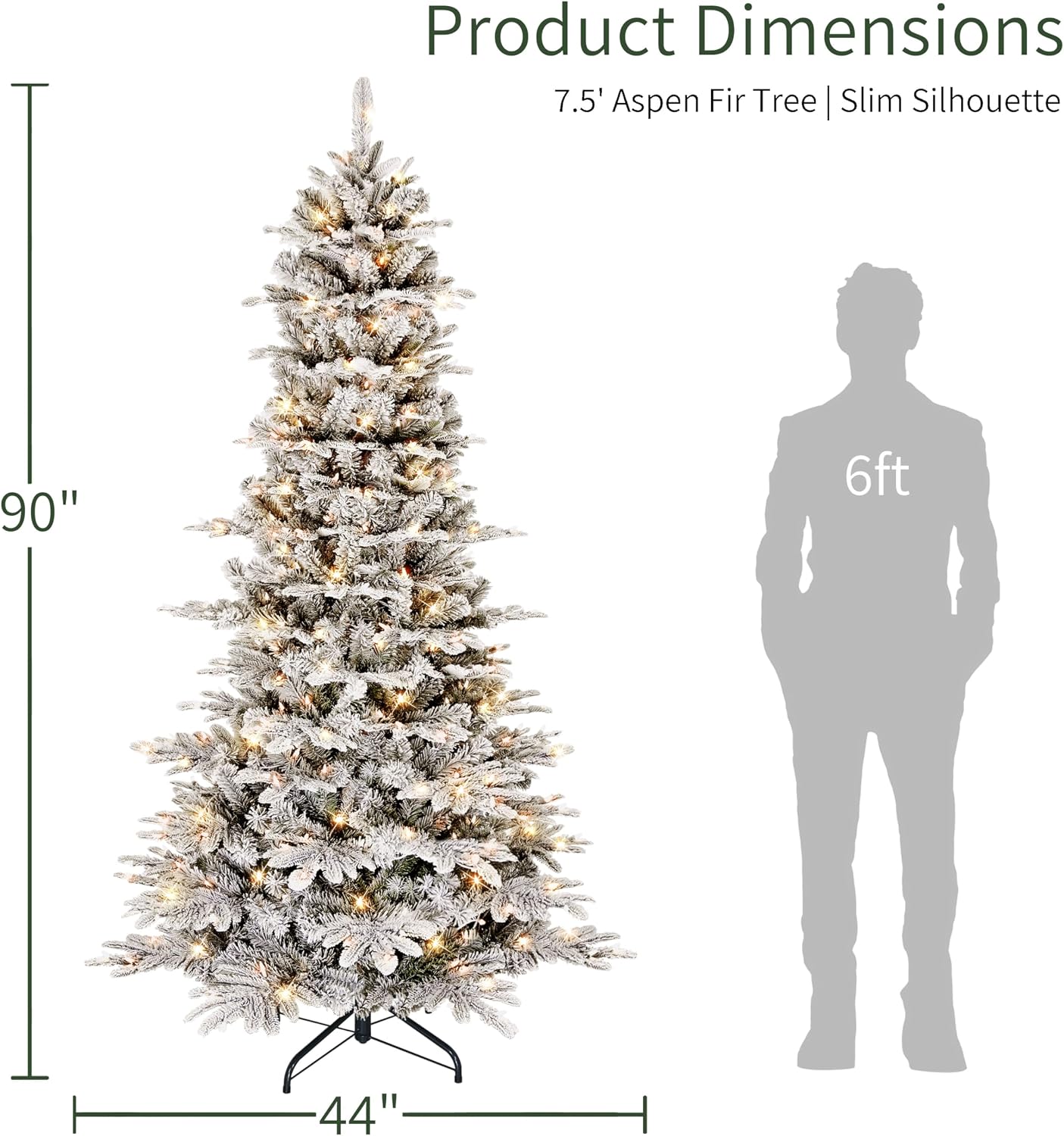 Puleo International 7.5ft Pre-Lit Slim Flocked Aspen Fir Christmas Tree with 450 Clear Lights, 1016 Realistic Dense Snow Flocked Branch Tips, Easy Setup Artificial Trees with Sturdy Metal Stand