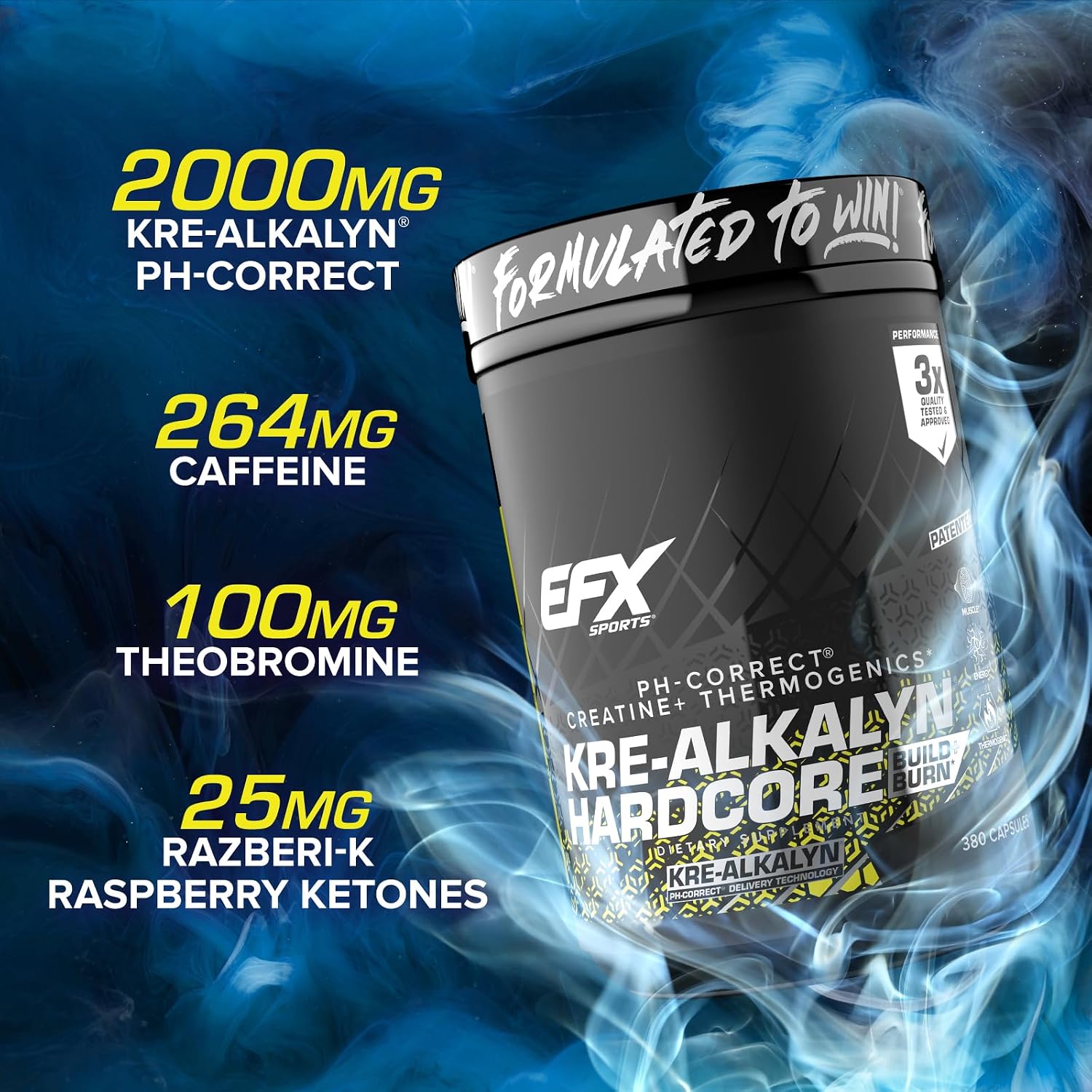EFX Sports Kre-Alkalyn Hardcore | Thermogenic pH Correct Creatine Monohydrate Pill Supplement | Energy & Strength Pre Workout | 40 Servings, 120 Capsules