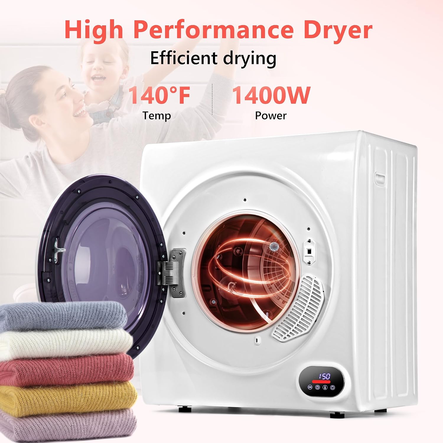 Euhomy Compact Laundry Dryer, 3.5 cu ft Front Load Stainless Steel Clothes Dryers With Exhaust Pipe, 1500W
