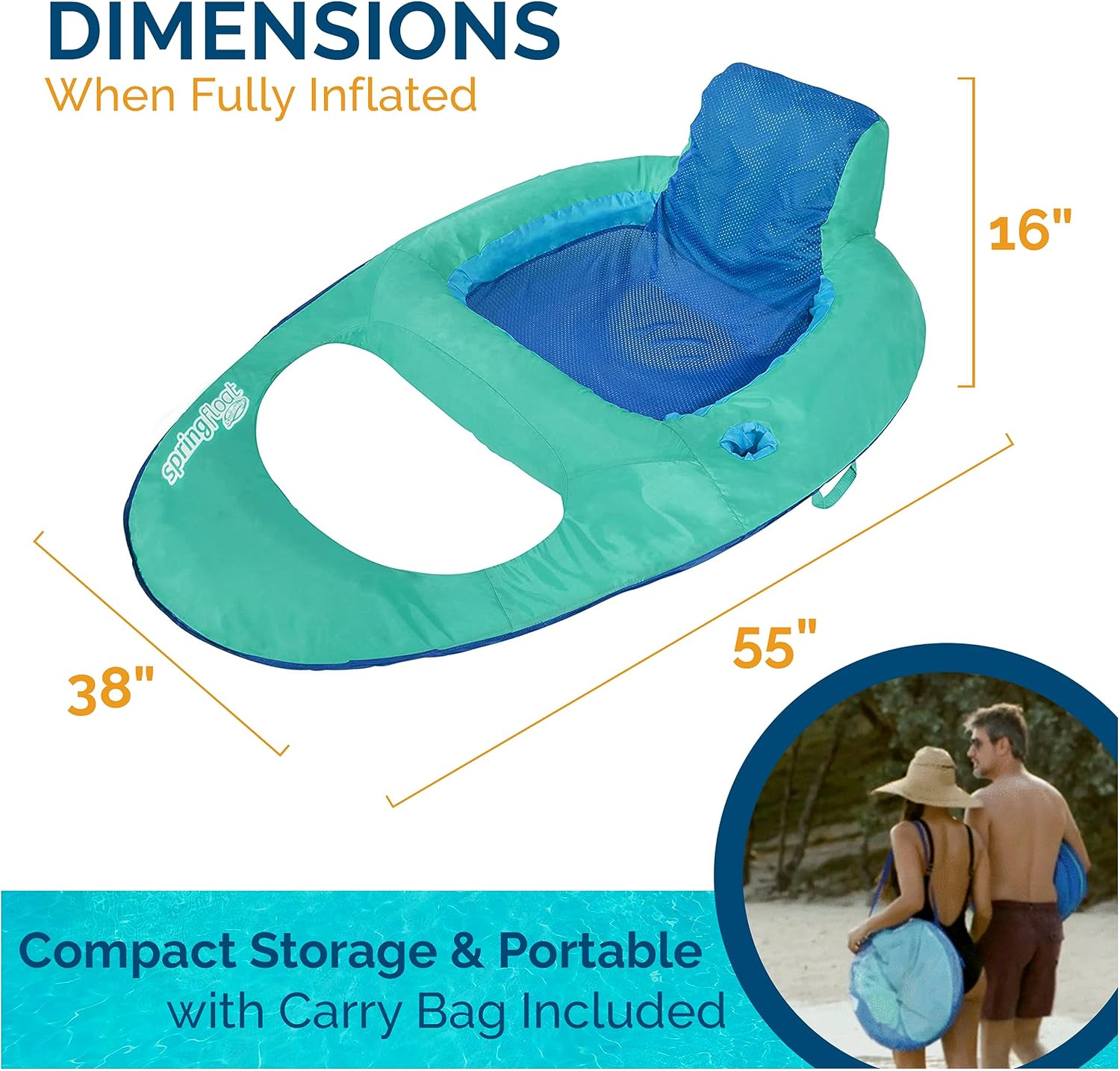 SwimWays Spring Float Recliner Chair for Swimming Pool, Inflatable Pool Floats Adult with Fast Inflation, Cup Holder & Foot Rest for Ages 15 & Up
