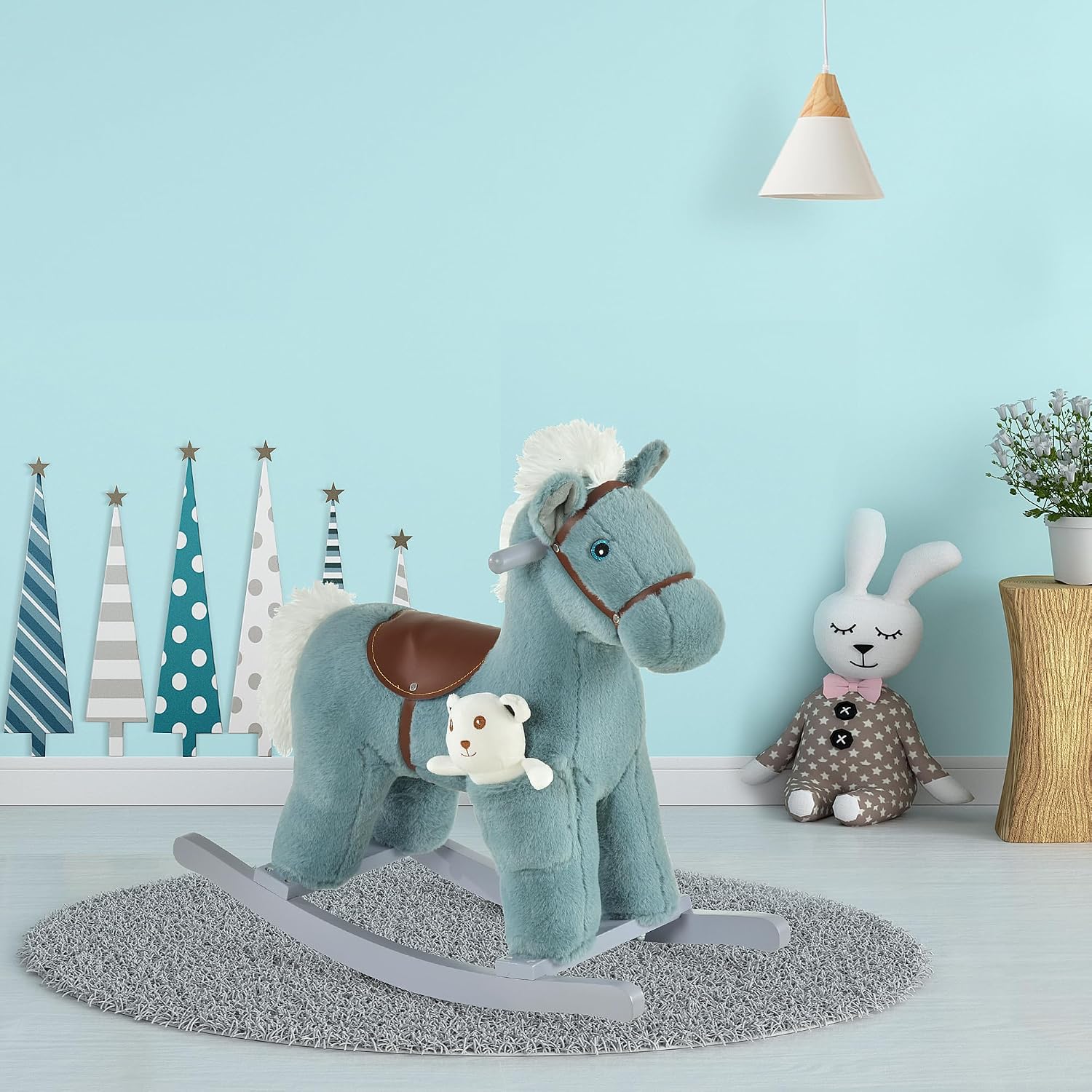 Qaba Kids Rocking Horse with Bear Toy Fun Realistic Sounds Toddler Blue