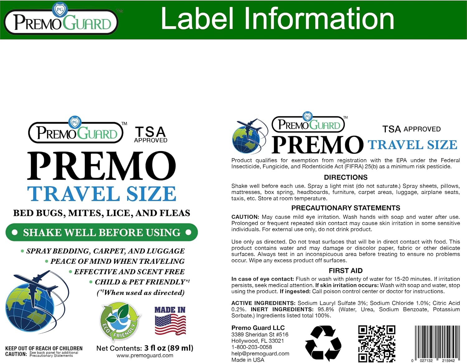Premo Guard Bed Bug & Mite Killer Spray – University Tested 100% Kill Rate | Natural, Safe for Bedding, Furniture, Fabrics, and Clothing, Non Toxic, Stain & Scent Free, Child & Pet Safe