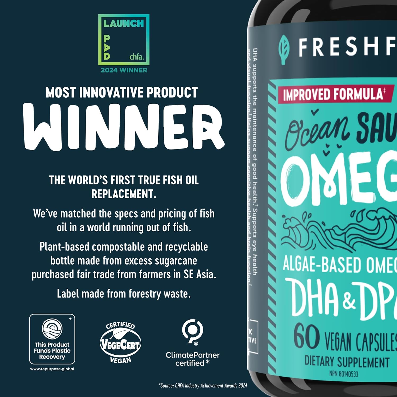 Freshfield Vegan Omega 3, Algae (Algal) Oil, Fish Oil Free Company, Third Party Tested, Carrageenan Free, DHA Supplement w/DPA, Plant Based Omega. Supports Heart, Brain, Joint Health. Lemon Scent