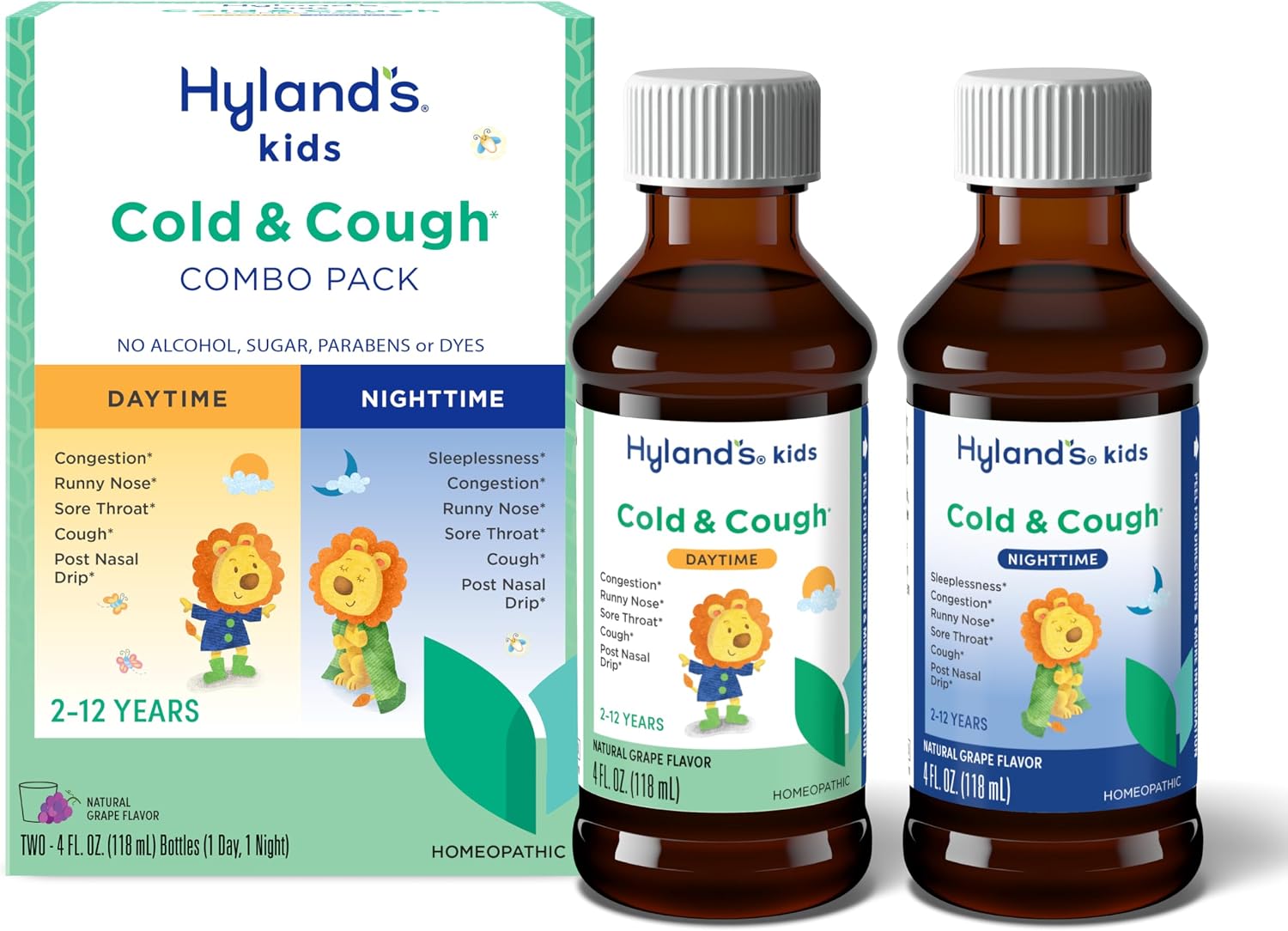 Hyland's Kids Cold and Cough, Day and Night Combo Pack, Cold Medicine for Ages 2 and up, Syrup Cough Medicine for Kids, Nasal Decongestant, 4 Fl Oz (Pack of 2)