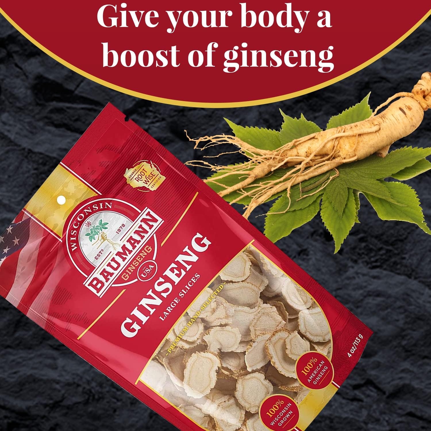 Baumann Wisconsin Ginseng - Medium Slices 4 oz - 100% Natural Panax Ginseng Herb, Pure Dried American Ginseng for Enhanced Focus & Energy