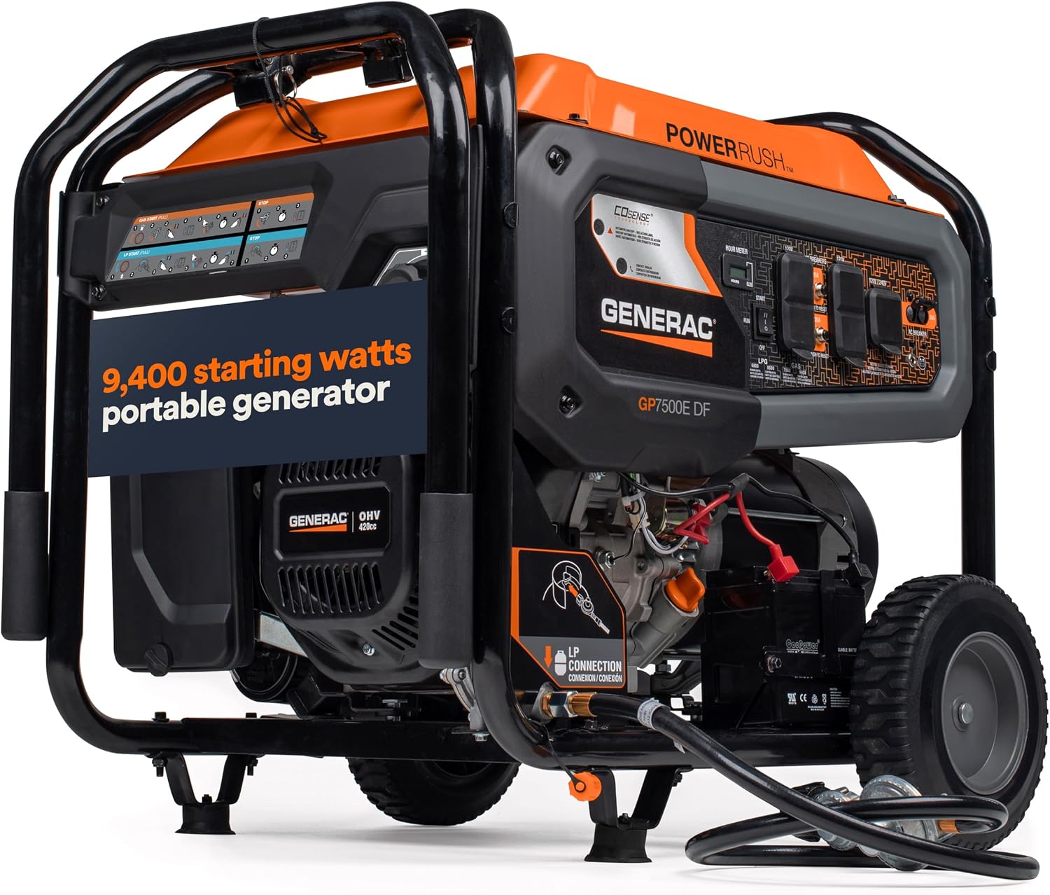 Generac 12,500 Starting Watt Tri-Fuel Portable Generator, Electric Start | Gas, Propane, Or Natural Gas Fuel Options, COsense CO Detection, 9.5 Hour Runtime, Emergency Home Backup, 49 State Compliant