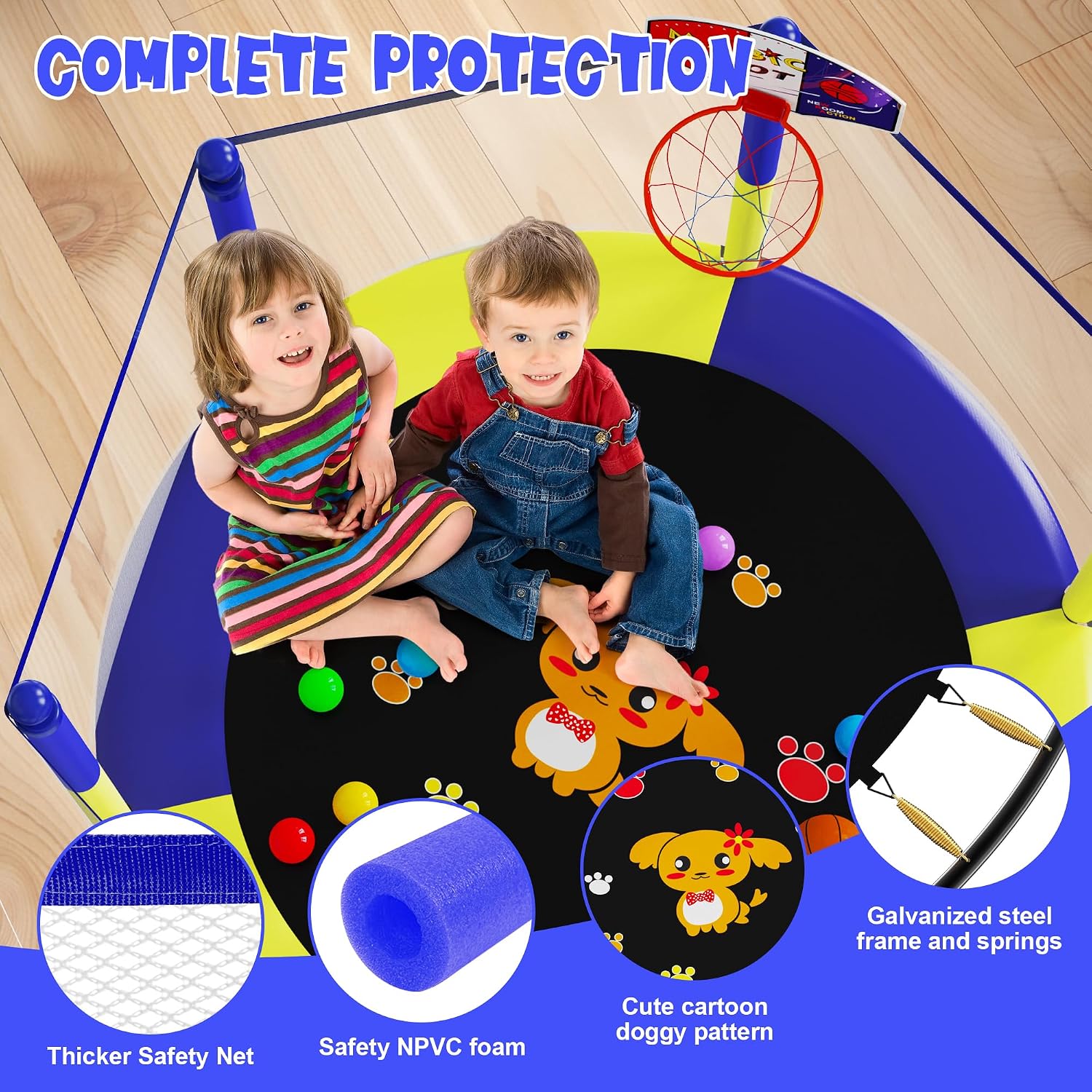 VGMiu 60" Trampoline for Kids, Toddler Trampoline Indoor with Net, Age 3-8