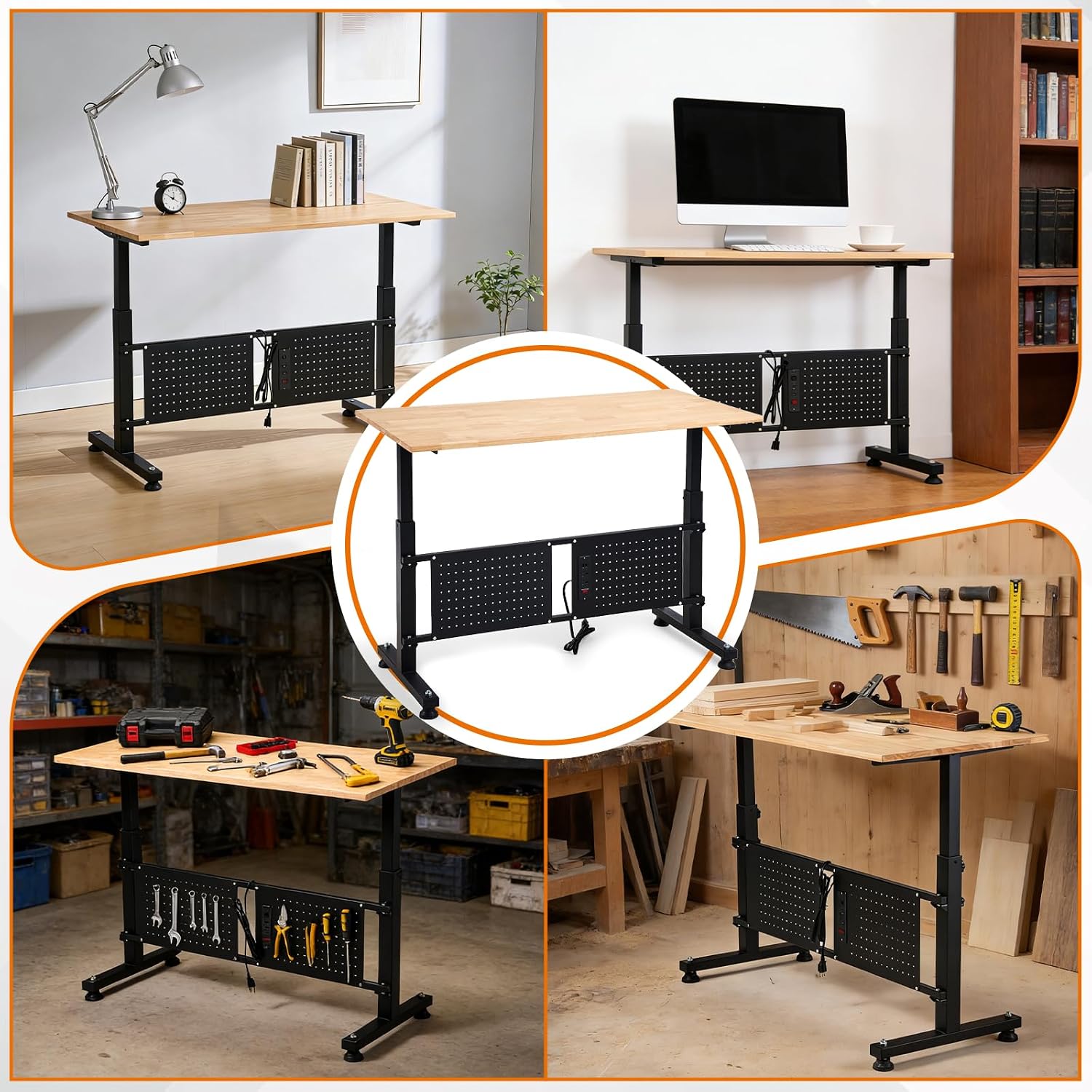 48" Adjustable Workbench, Work Table with Wheels and Power Outlet | 2000LBS Load Capacity Rubber Wood Top Workstation, Heavy-Duty Craft Table for Garage Workshop
