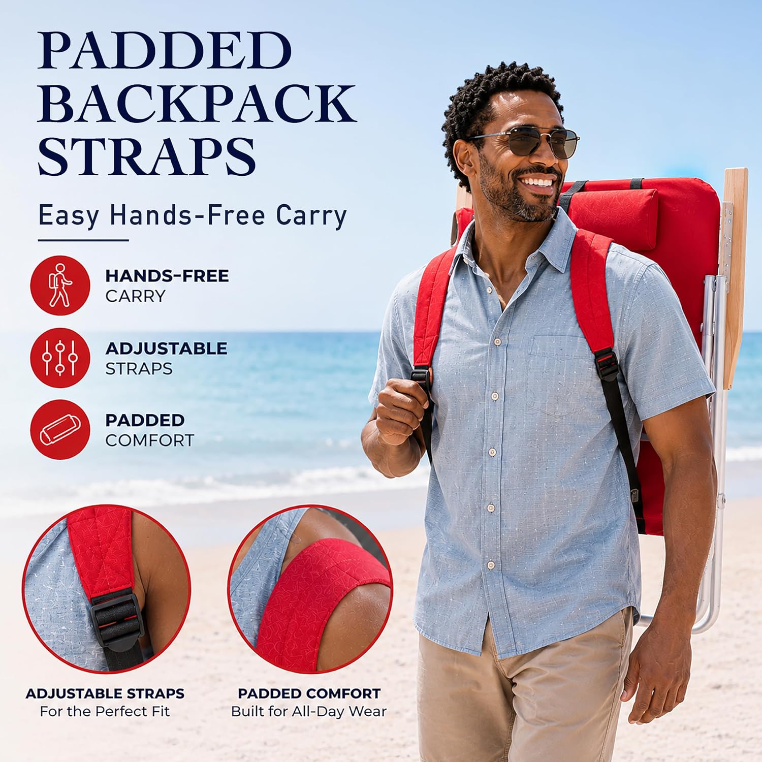 CARIBBEAN JOE Folding Beach Chair, 4 Position Portable Backpack Foldable Camping Chair with Headrest, Cup Holder, and Wooden Armrests