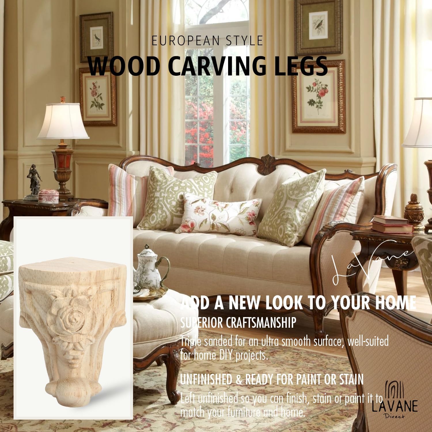 La Vane 6 inch / 15cm Wooden Furniture Legs, Set of 4 European Style Solid Wood Carving Furniture Replacement Feet Decoration for Sofa Cabinet Wardrobe Table Loveseat