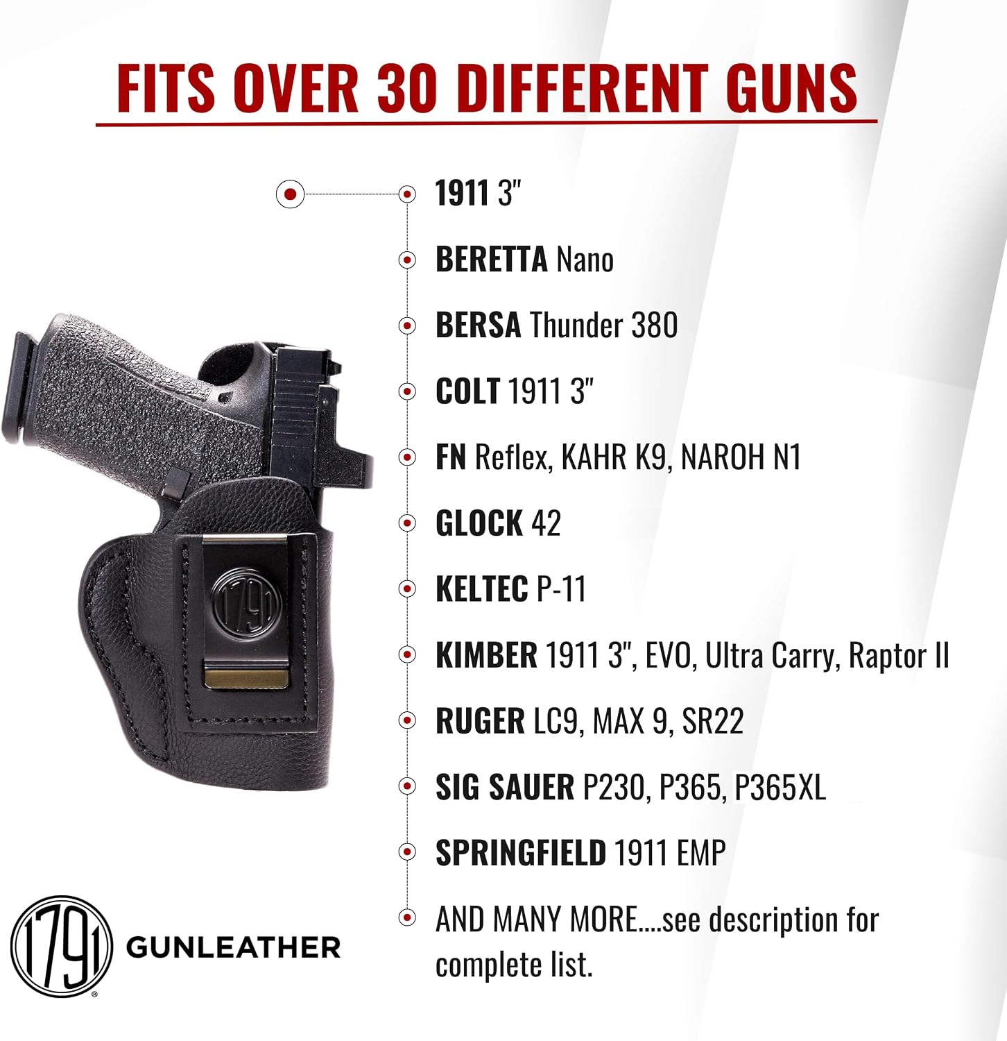 1791 Gunleather IWB Holster Fits FN Reflex, Sig P365, P365XL, Glock 43X, 43 | Soft leather gun holster also fits Glock 42, Hellcat, Ruger Max 9, LC9, SR22, Bersa Thunder 380, Walther PPK