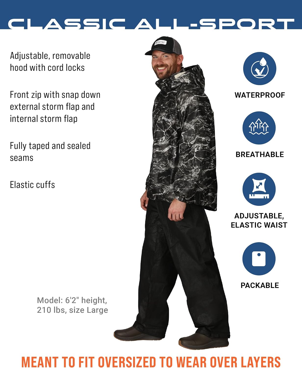 FROGG TOGGS Men's Classic All-Sport 3-Layer Waterproof Breathable Rain Suit | 2-Piece Rainwear, Adjustable Hood Raincoat, Rain Pants Ideal for Fishing, Golf, Motorcycling, Hunting, Camping, Outdoors