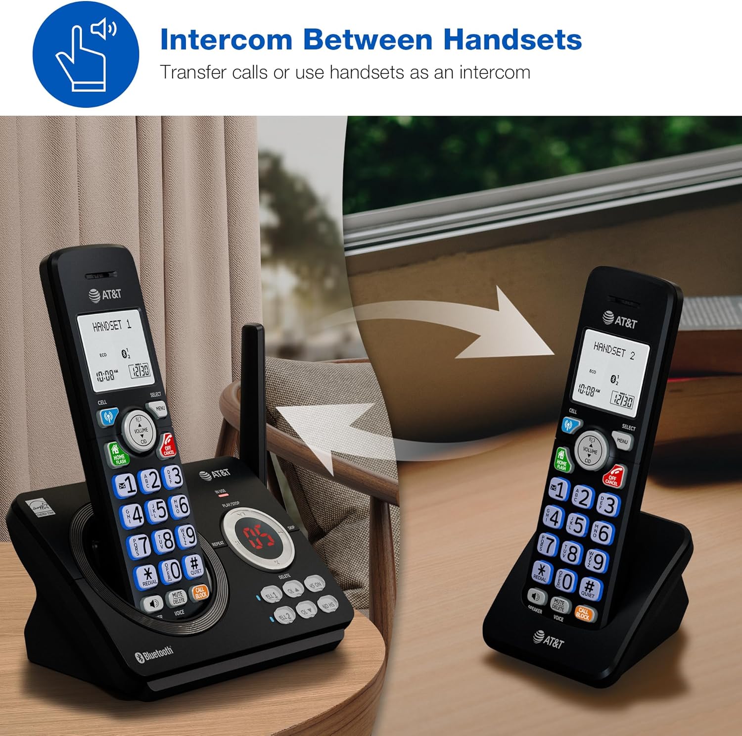 AT&T DL72219 DECT 6.0 2-Handset Cordless Phone for Home with Connect to Cell, Call Blocking, 1.8" Backlit Screen, Big Buttons, intercom