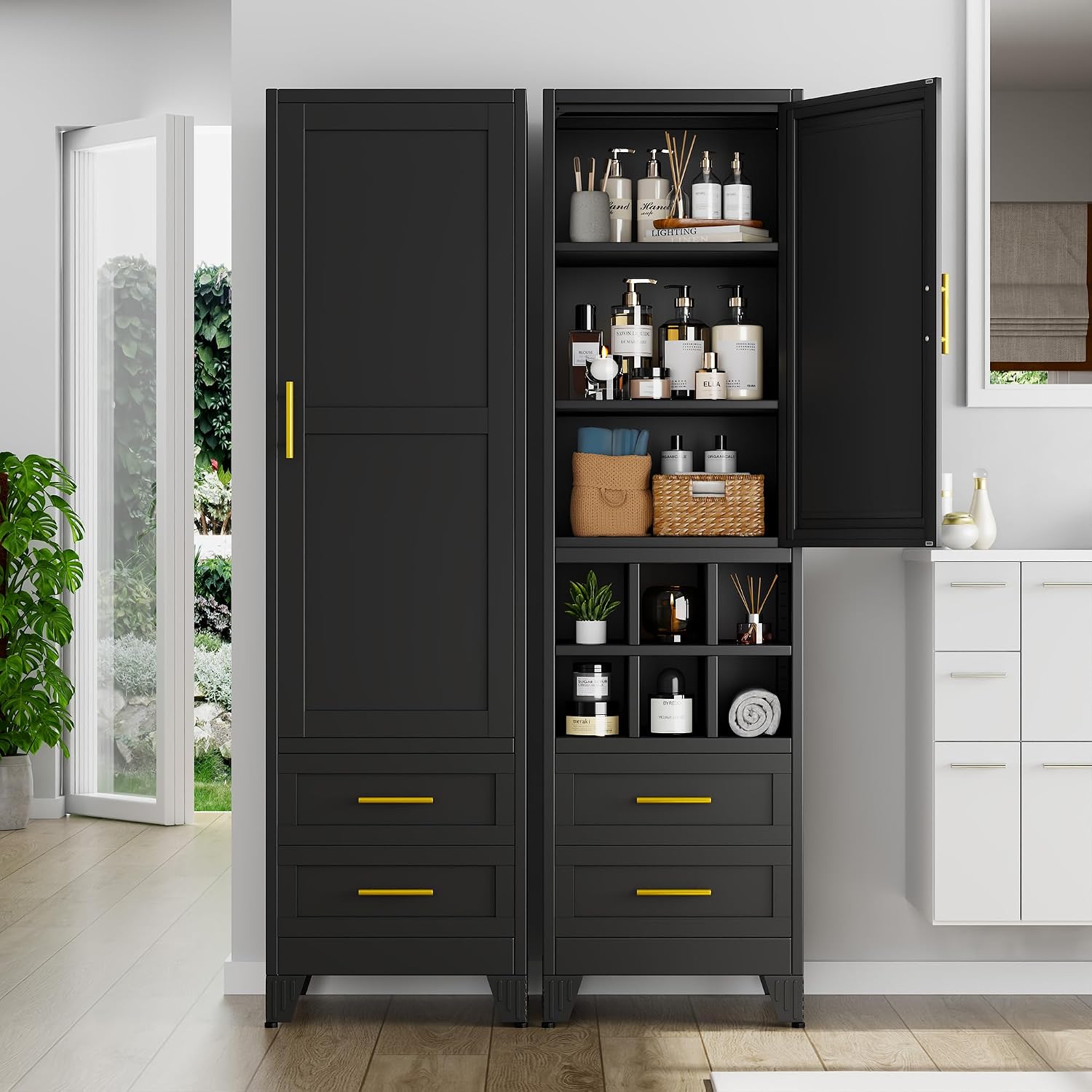 pozdeg 67" Tall Narrow White Metal Storage Cabinet | 2 Doors, 4 Adjustable Shelves, Freestanding Slim Pantry Organizer for Bathroom Kitchen Living Room