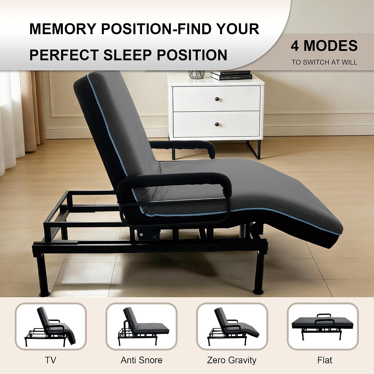 Electric Lift Bed for Elderly, Remote Control Adjustable Bed with 5.91" Mattress, Quiet Motor and Removable Tray, Zero Gravity Position Bed Frame Suitable for Hospital/Home Care