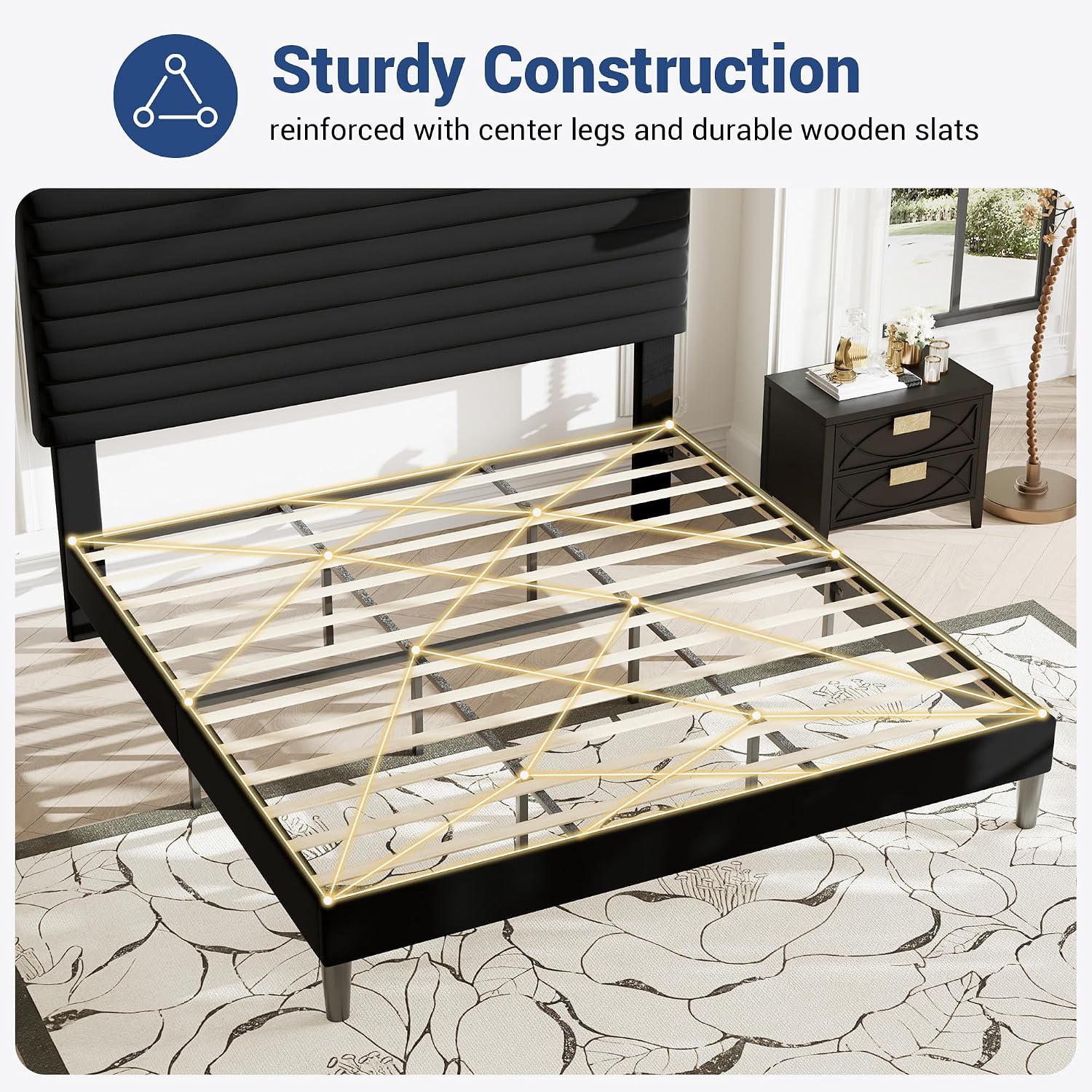 Allewie Queen Bed Frame, Velvet Upholstered Platform Bed with Adjustable Headboard, Horizontal Channel Design, Wood Slat Support, No Box Spring Needed, Noise Free, Easy Assembly, White