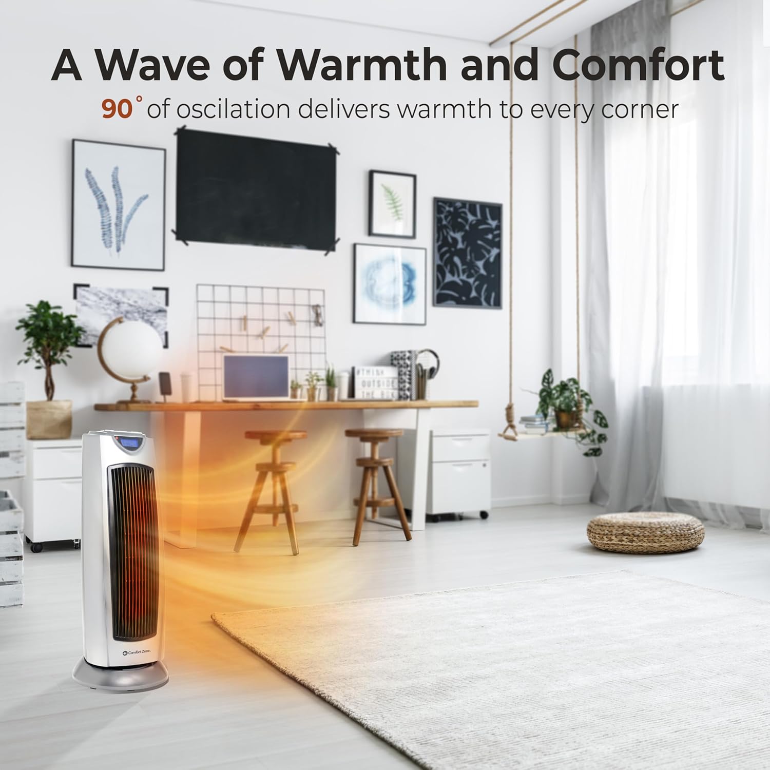 Comfort Zone Electric Oscillating Ceramic Tower Space Heater, Remote, Backlit Digital Thermostat & Temperature Display, Timer, & Overheat Sensor